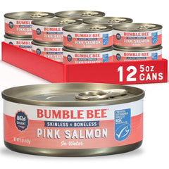 Bumble Bee skinless boneless pink salmon in water can, convenient protein for meals.