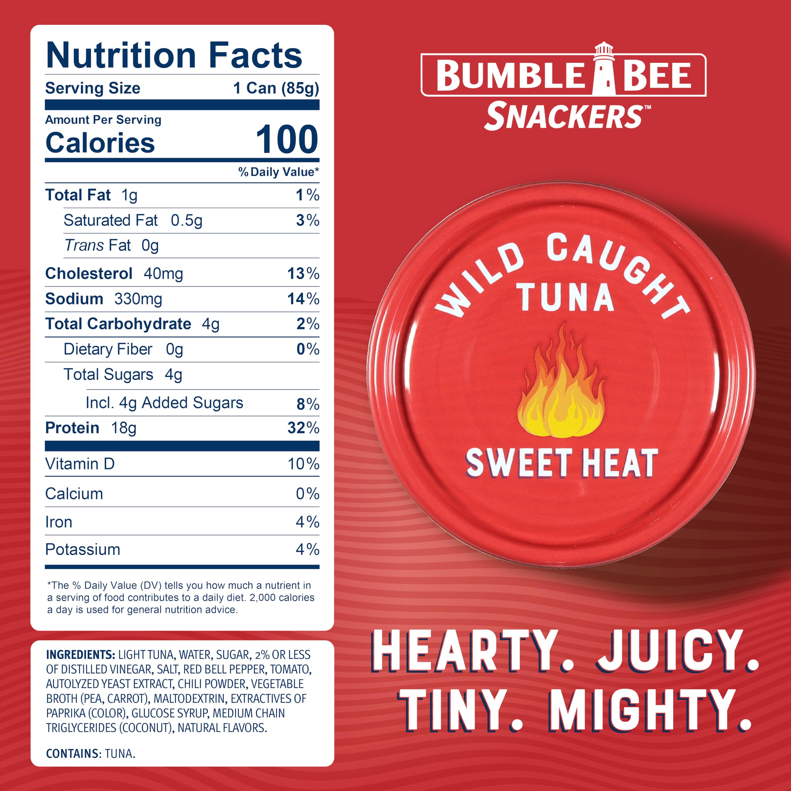 Bumble Bee Snackers Sweet Heat tuna pull-tab opens easily for on-the-go meals.