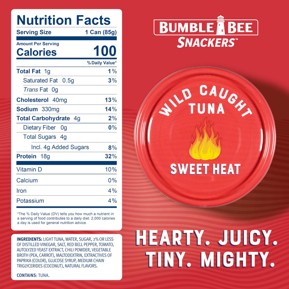 Bumble Bee Snackers Sweet Heat tuna pull-tab opens easily for on-the-go meals.
