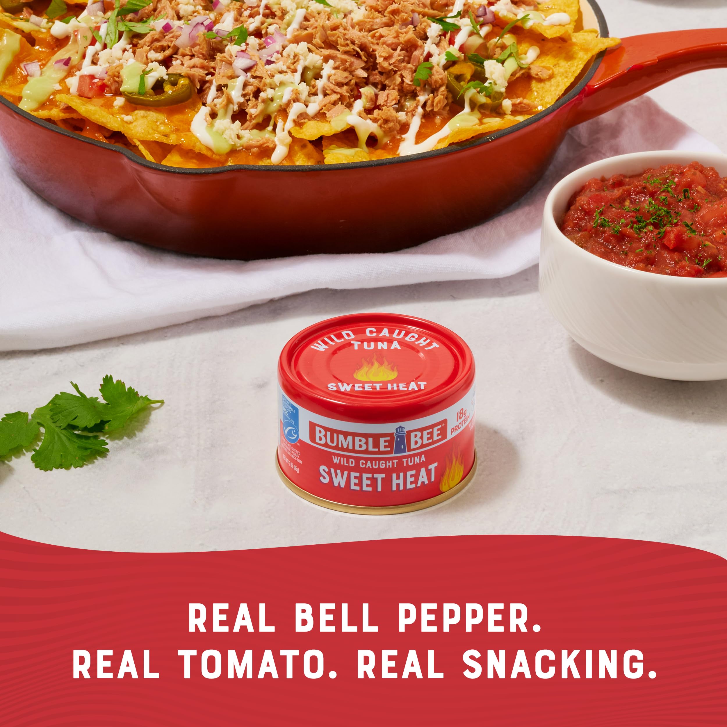 Bumble Bee Snackers Sweet Heat tuna with tomato bits in a ready-to-eat can.