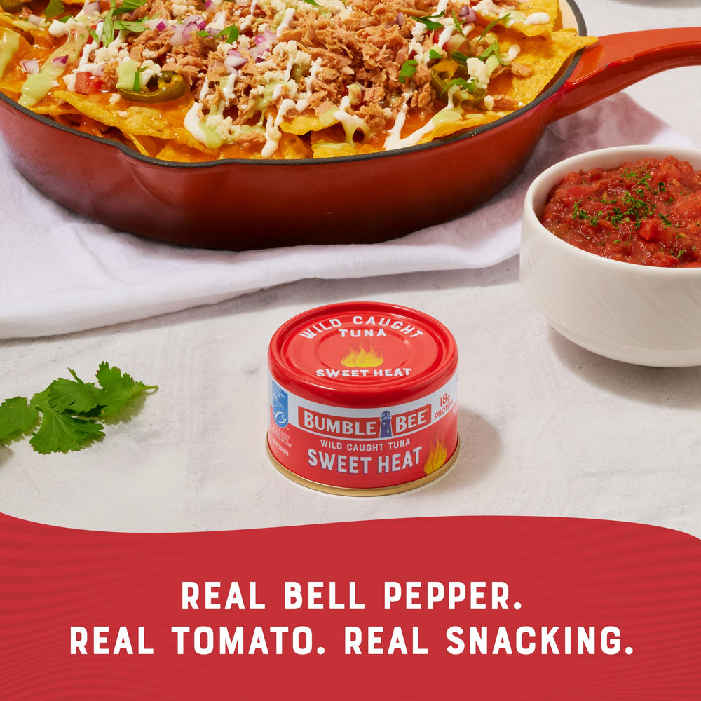 Bumble Bee Snackers Sweet Heat tuna with tomato bits in a ready-to-eat can.
