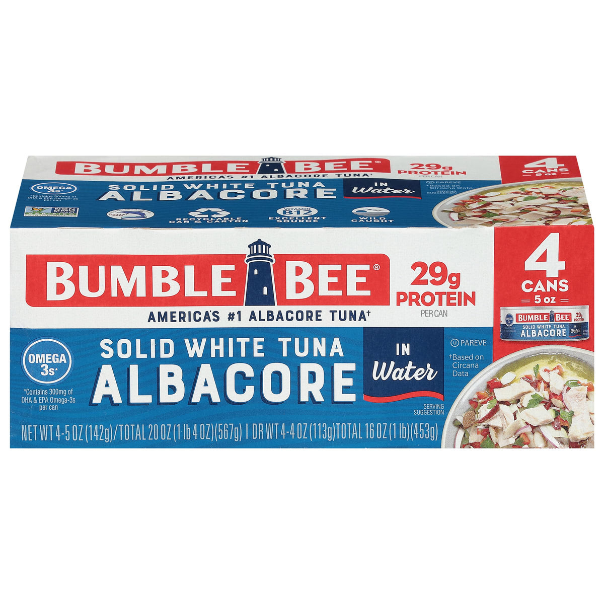 Bumble Bee solid white albacore tuna in water front view can for pantry protein.