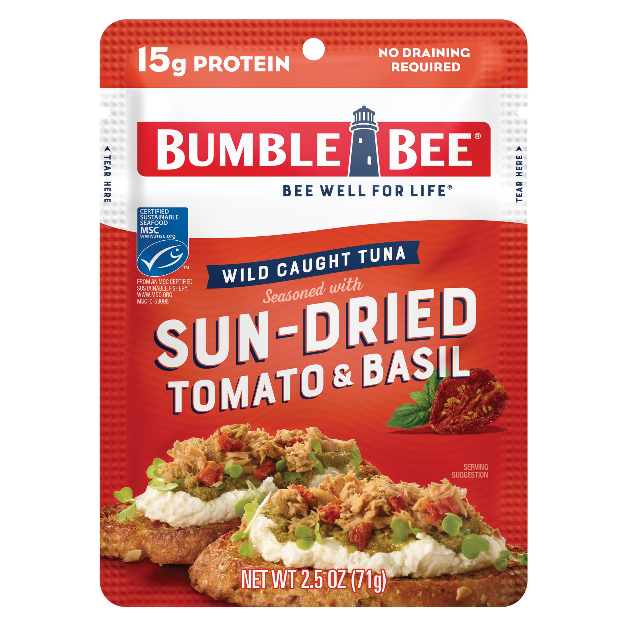 Bumble Bee sun-dried tomato and basil tuna pouch, ready-to-eat protein on the go.
