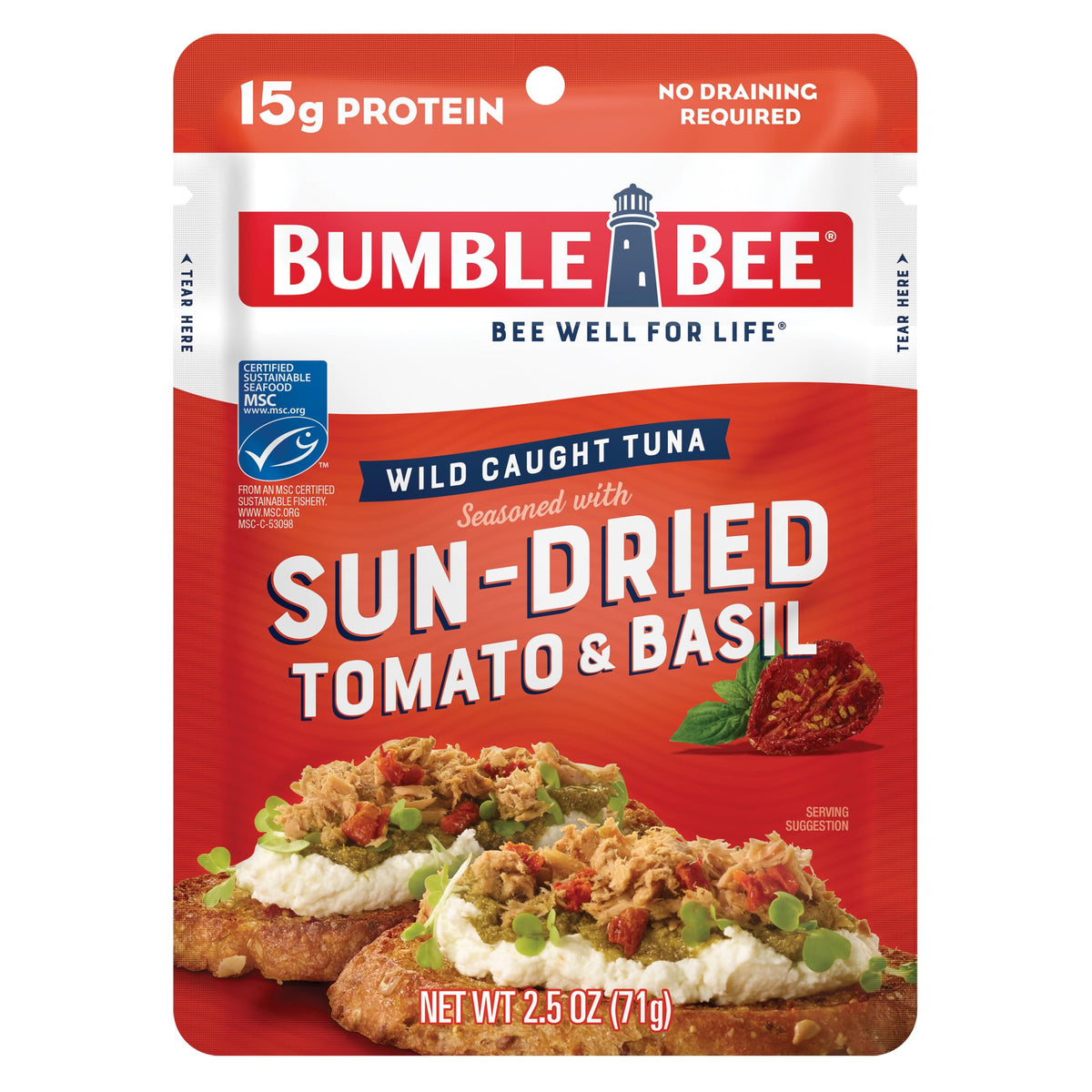 Bumble Bee sun-dried tomato and basil tuna pouch, ready-to-eat protein on the go.