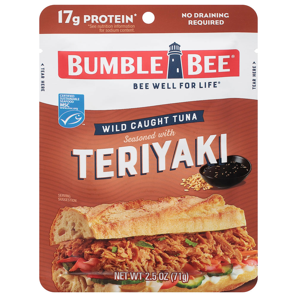 Bumble Bee Teriyaki Tuna Pouch close-up, protein-packed on-the-go snack.