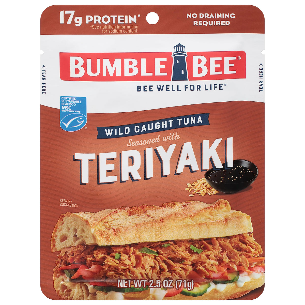 Bumble Bee Teriyaki Tuna Pouch close-up, protein-packed on-the-go snack.