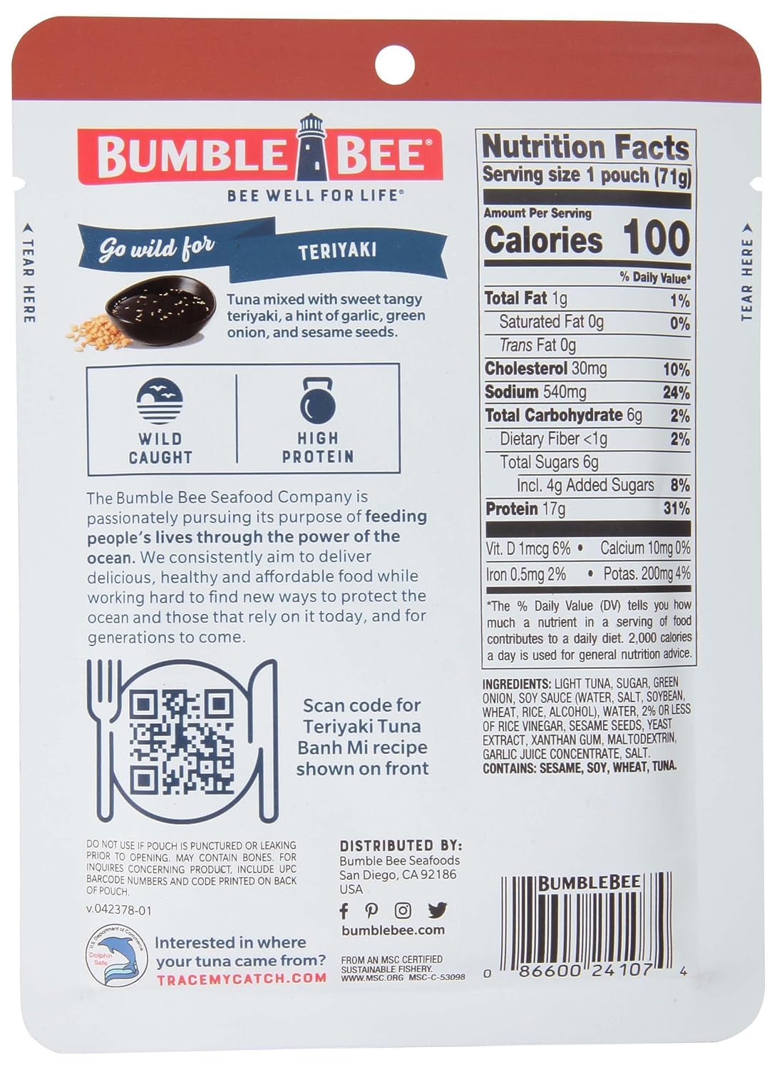 Bumble Bee Teriyaki Tuna Pouch packaging ready for pantry storage