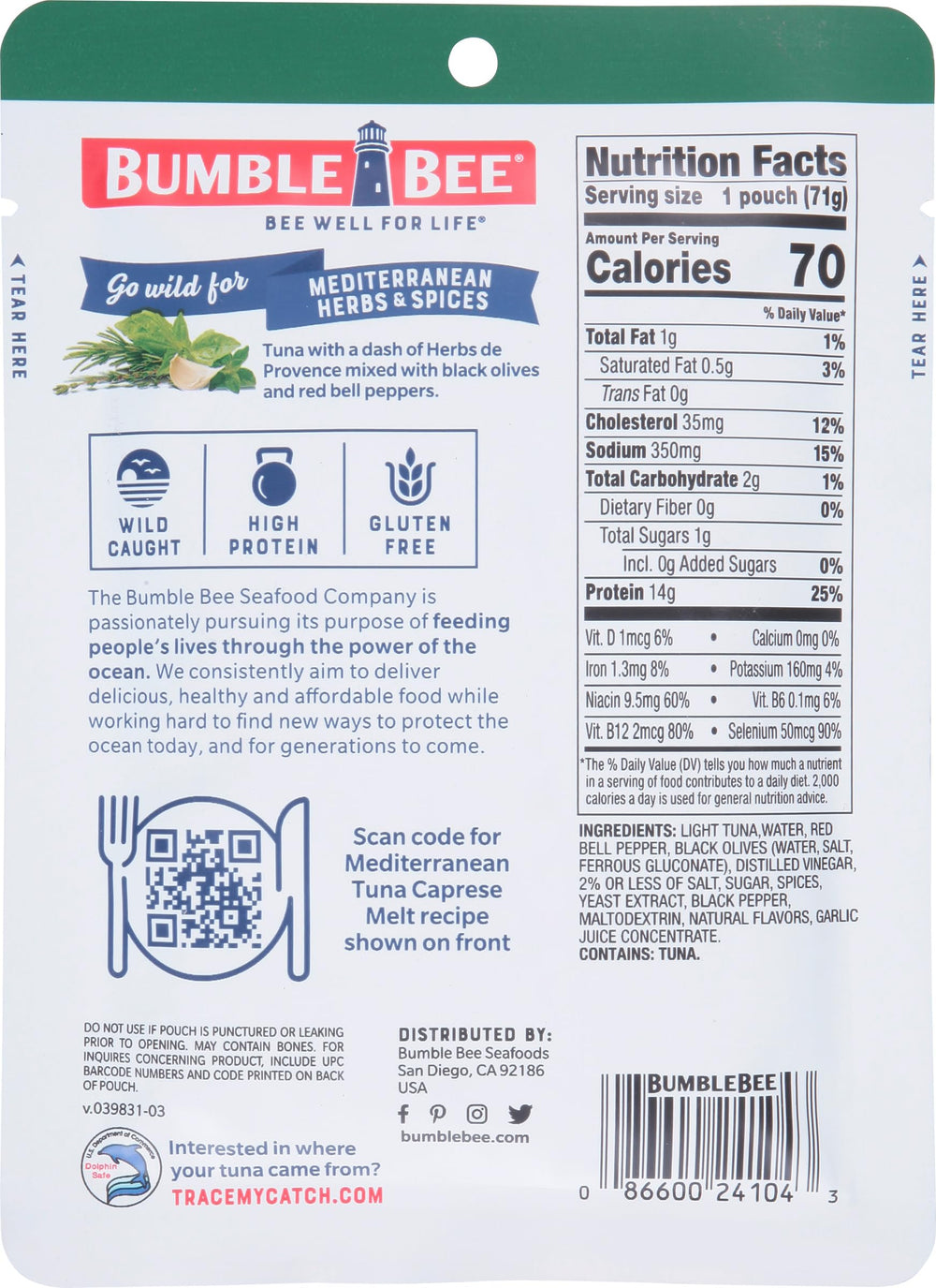 Bumble Bee tuna pouch close-up with red pepper and Herbs de Provence for flavor