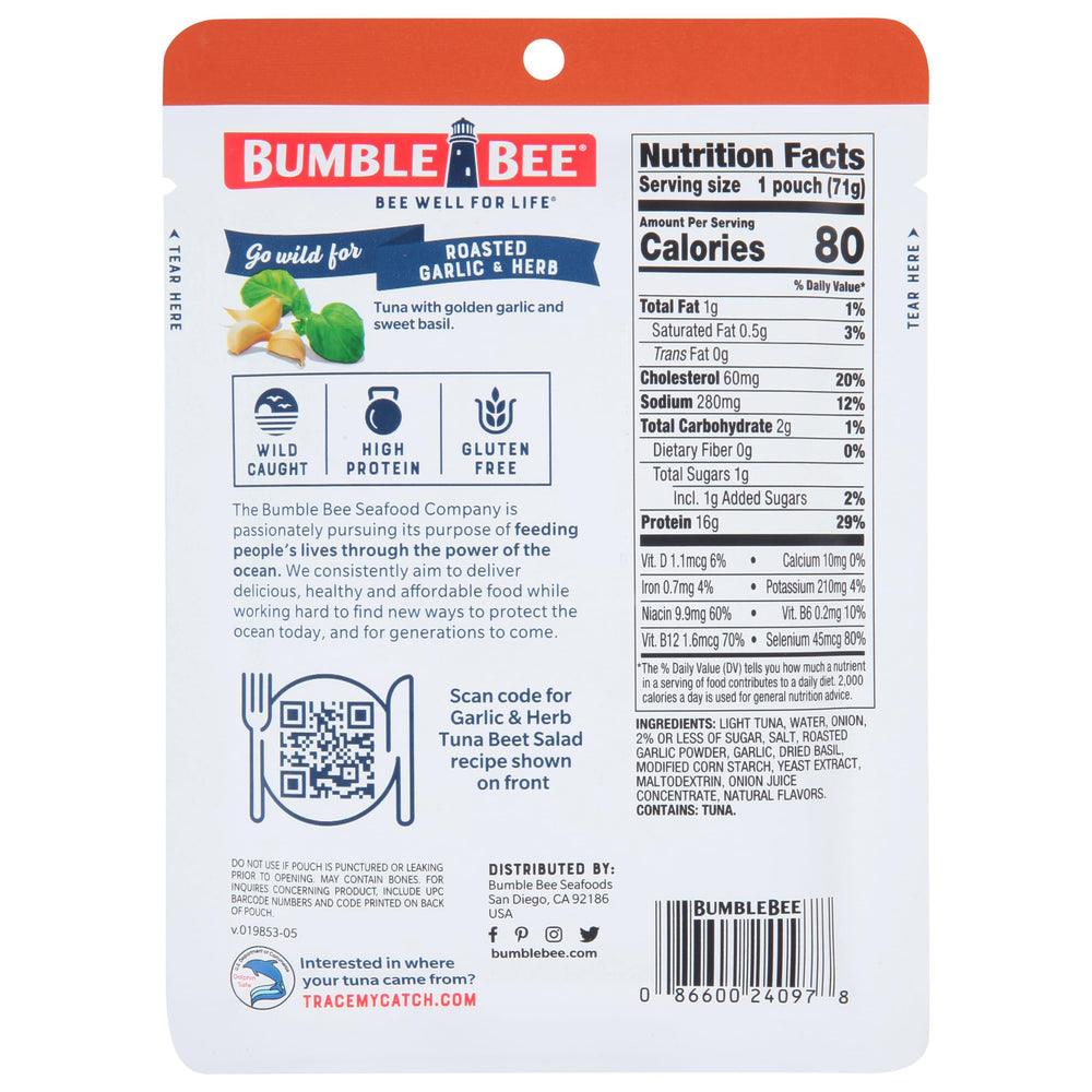 Bumble Bee Tuna Pouch open with seasoning highlights high-protein, convenient meal.