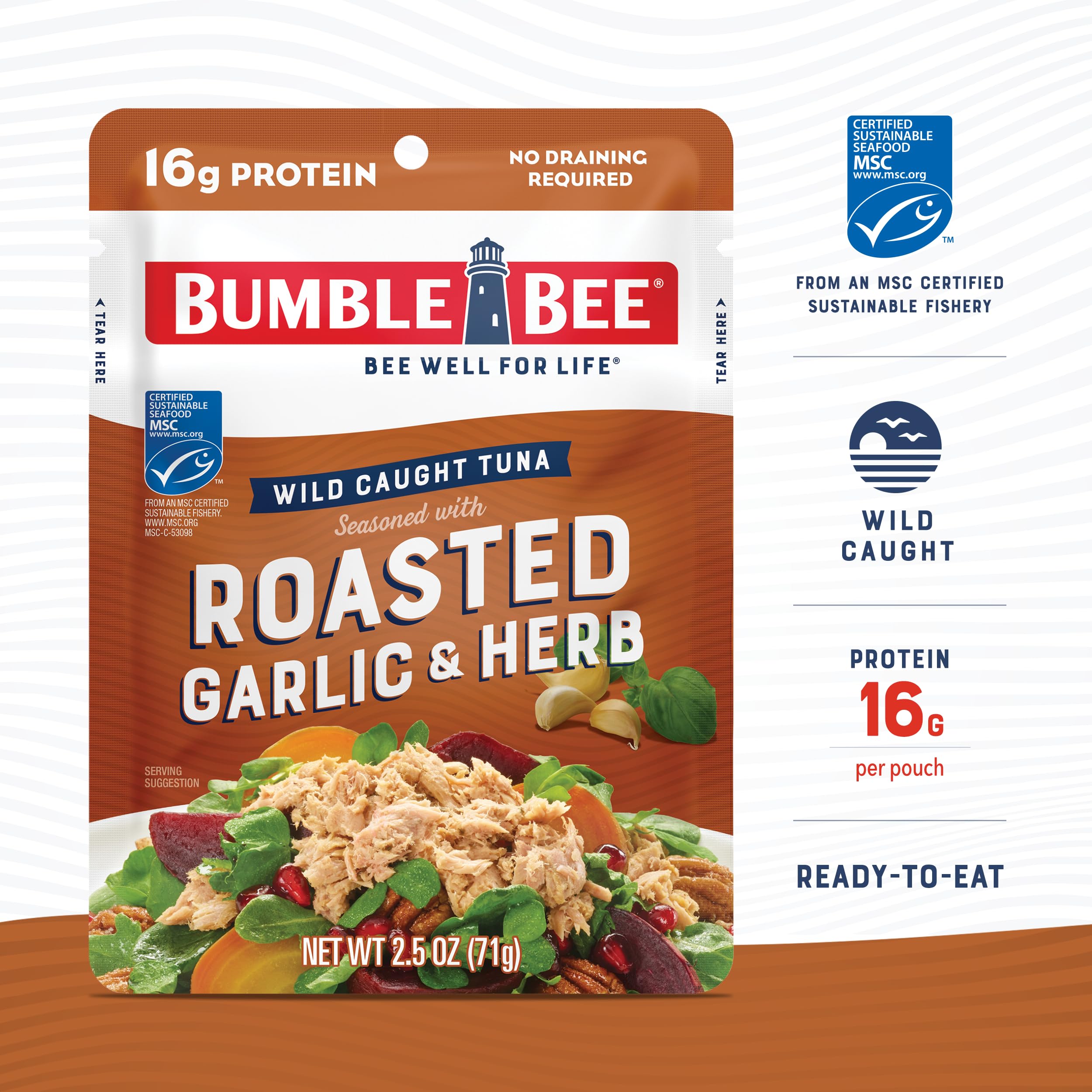 Bumble Bee Roasted Garlic Herb Tuna Pouch served over rice or greens.