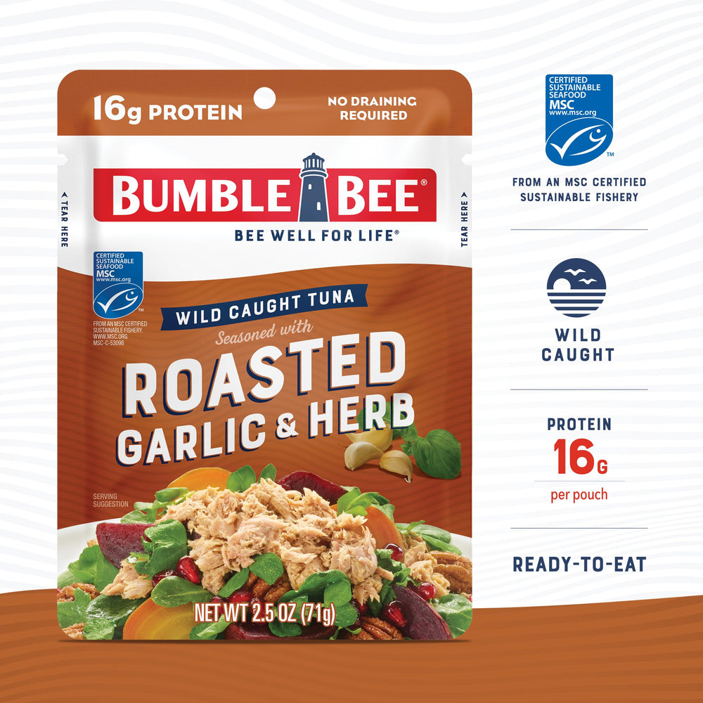 Bumble Bee Roasted Garlic Herb Tuna Pouch served over rice or greens.