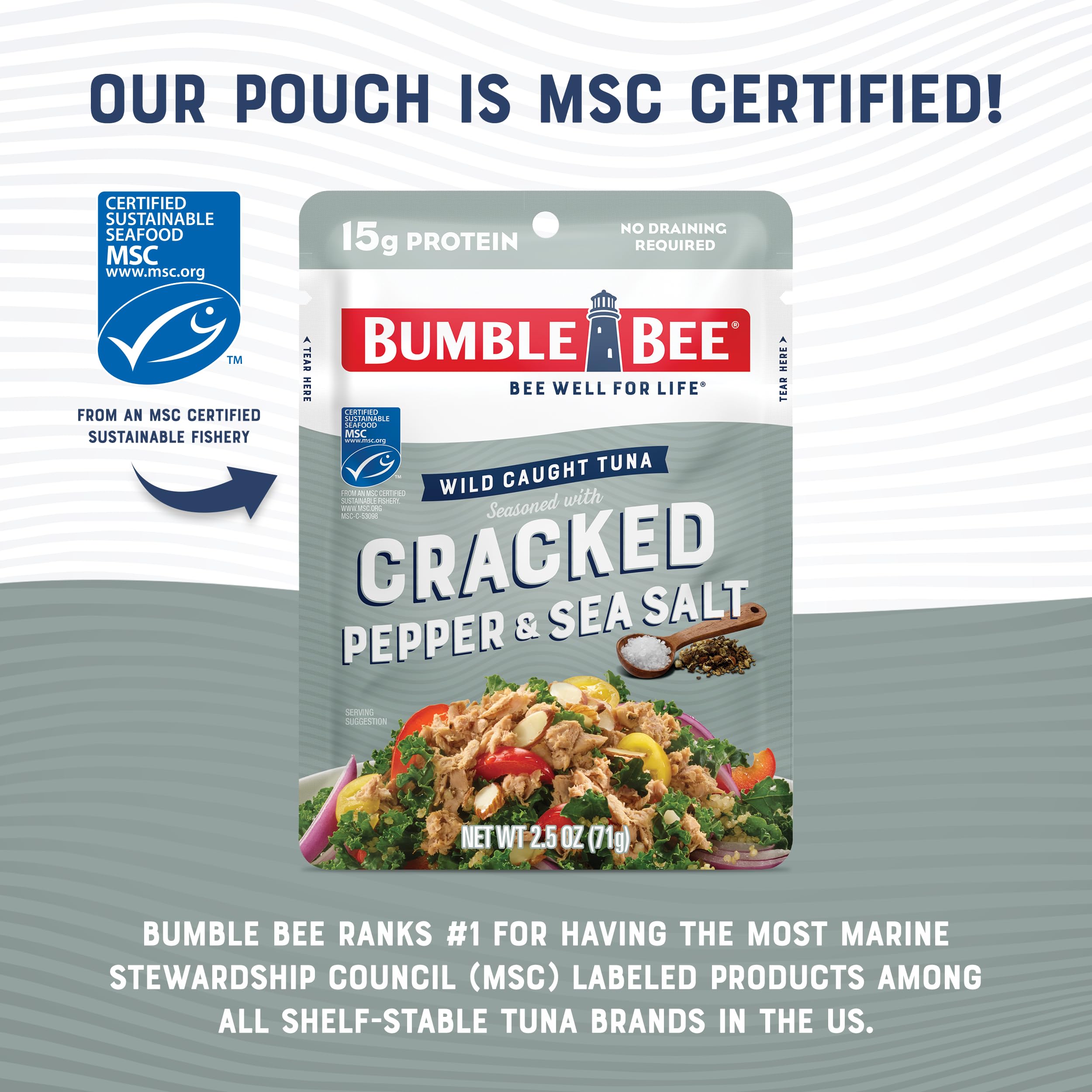 Bumble Bee tuna pouch topping a fresh salad for lunch