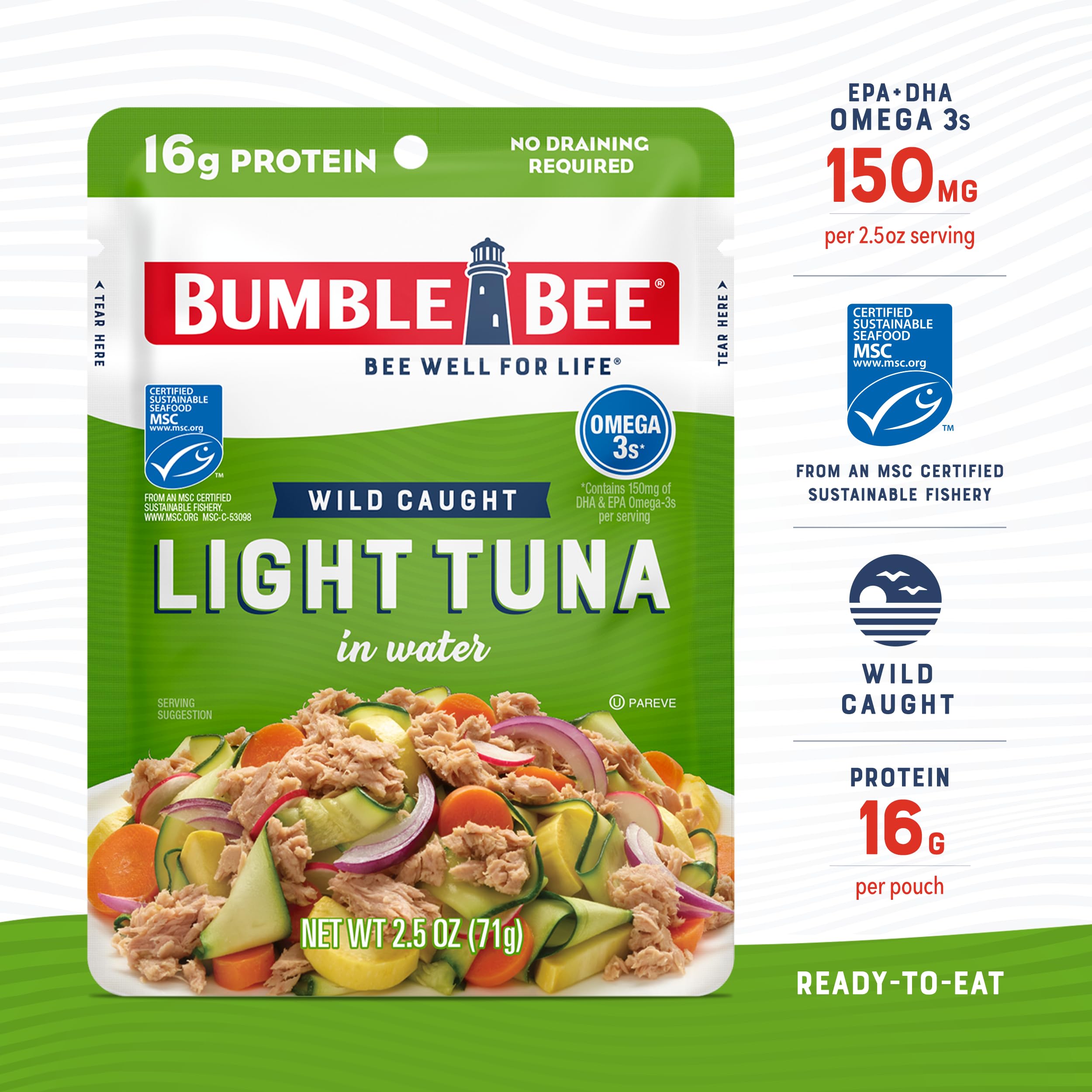 Bumble Bee wild-caught skipjack tuna with light, flaky texture.