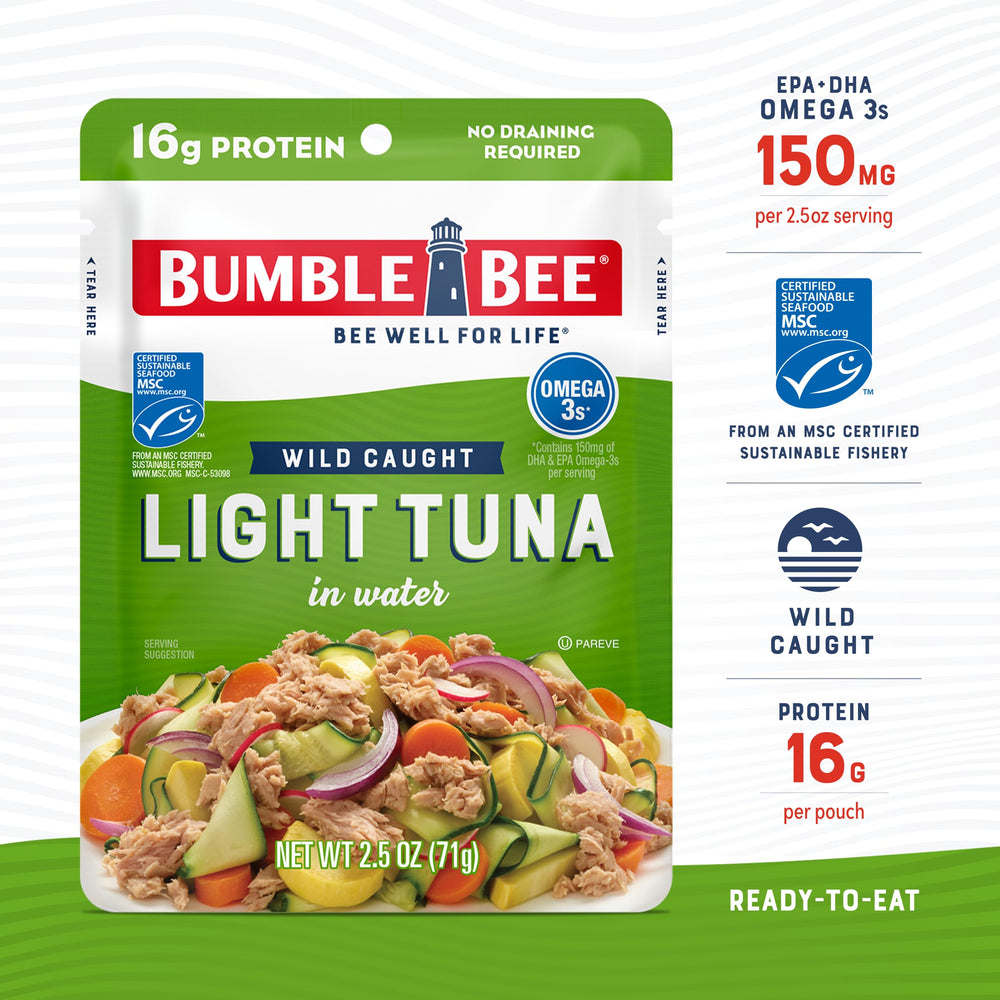 Bumble Bee wild-caught skipjack tuna with light, flaky texture.