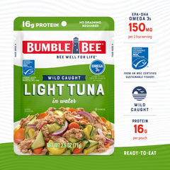 Bumble Bee wild-caught skipjack tuna with light, flaky texture.