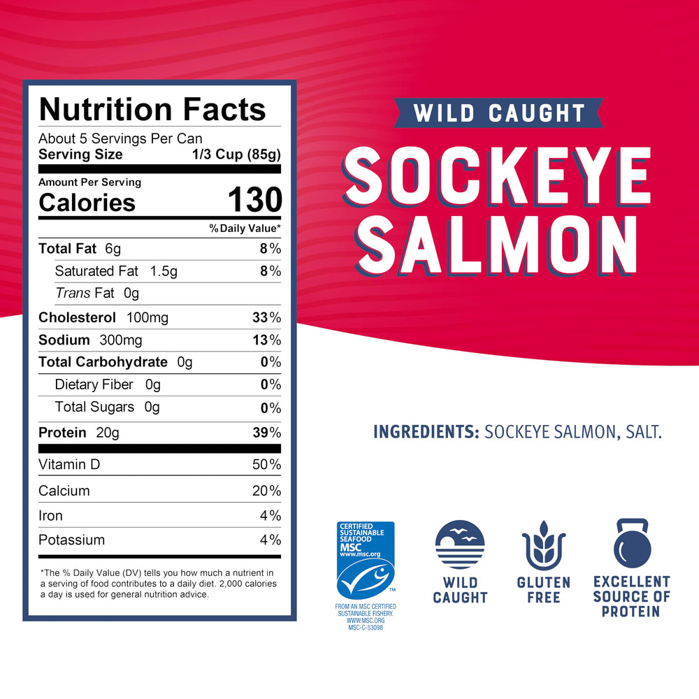 Bumble Bee wild-caught sockeye salmon can label emphasizes sustainability and traceability options.