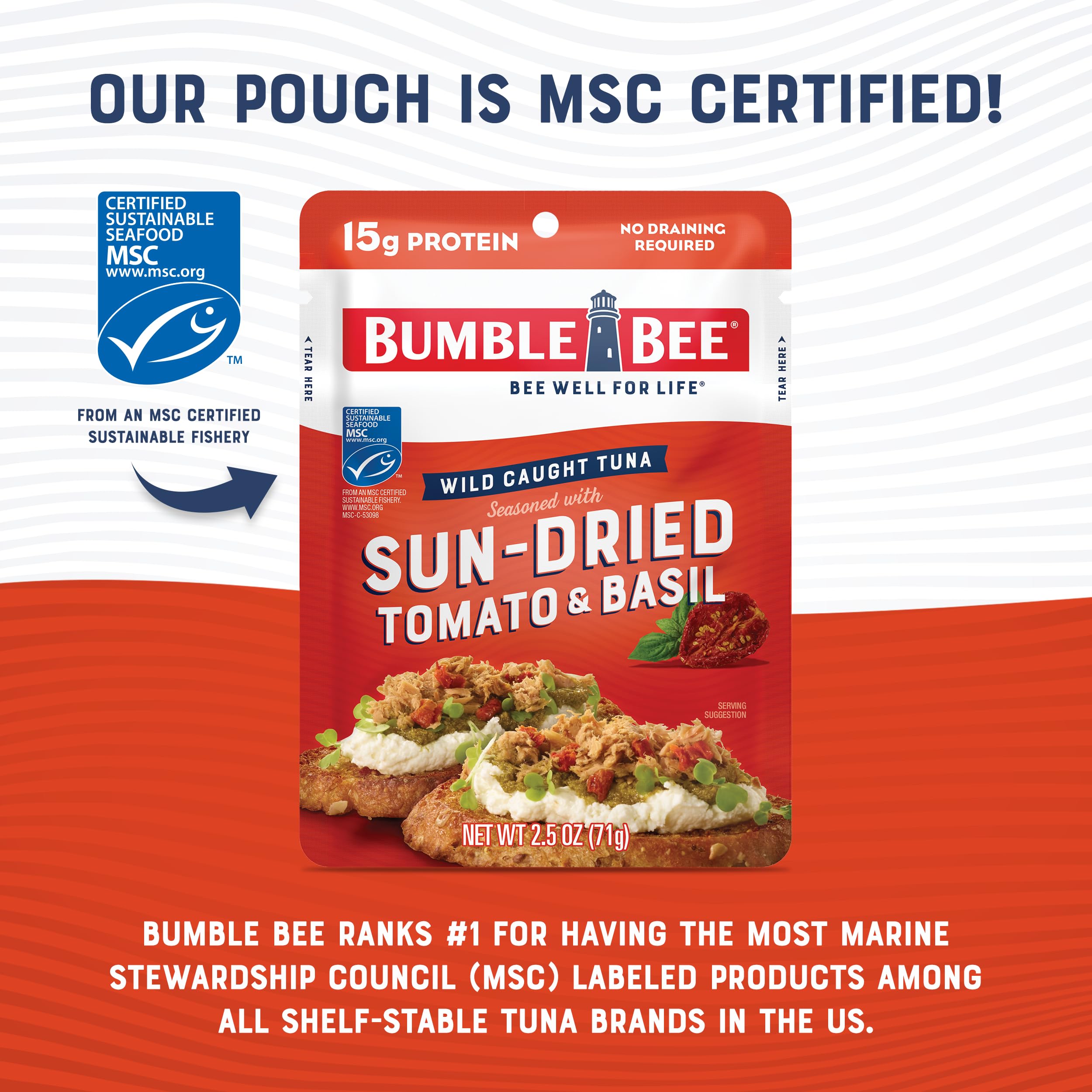 Bumble Bee wild-caught tuna pouch highlighting sustainable sourcing.