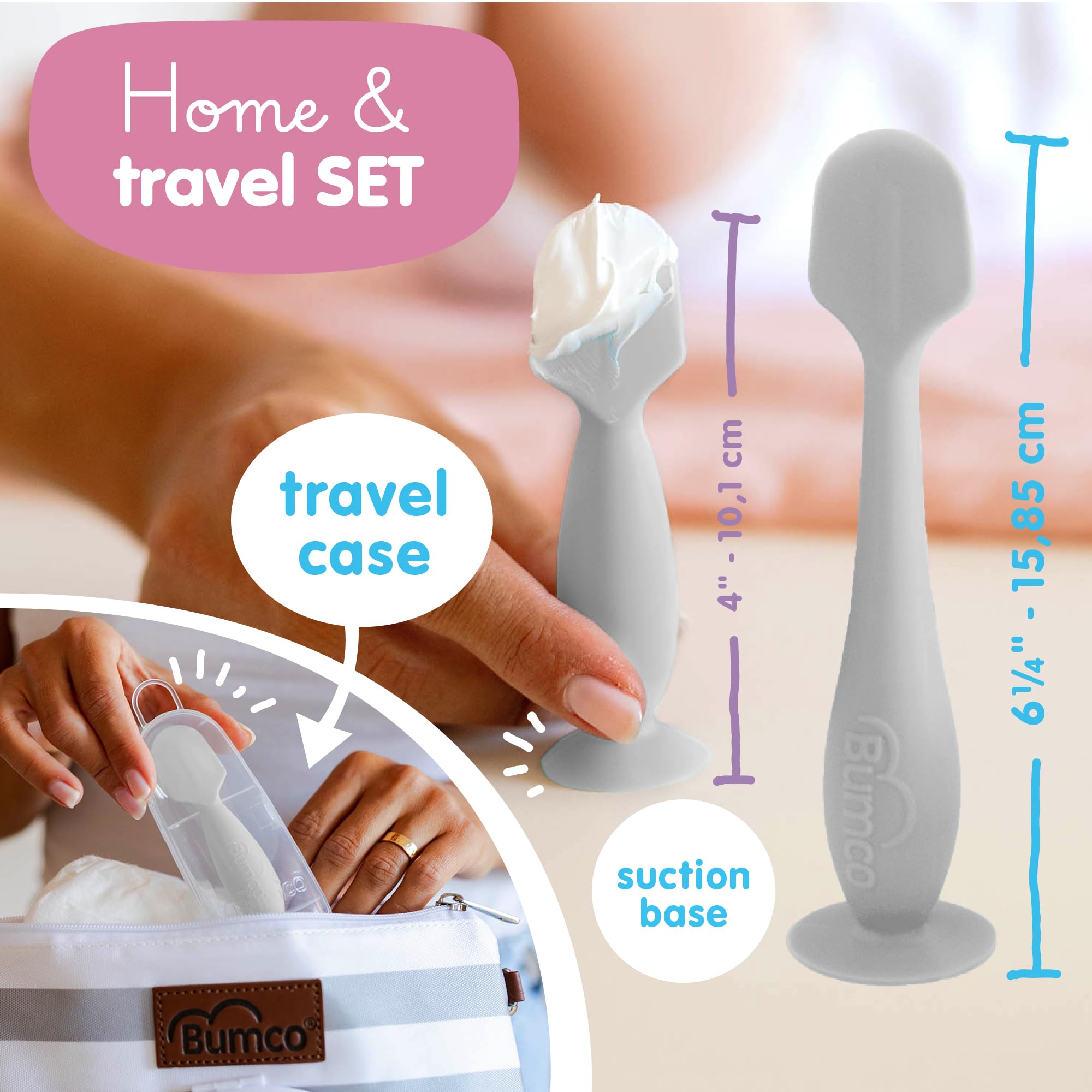Bumco suction base keeps spatula upright during diaper changes