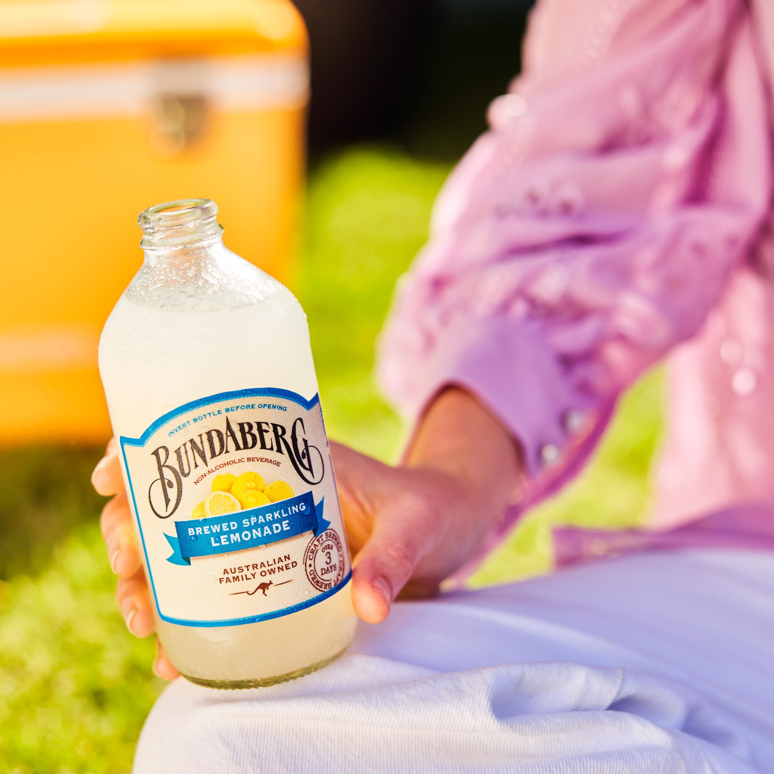 Bundaberg label close-up signaling craft quality and lemon flavor.