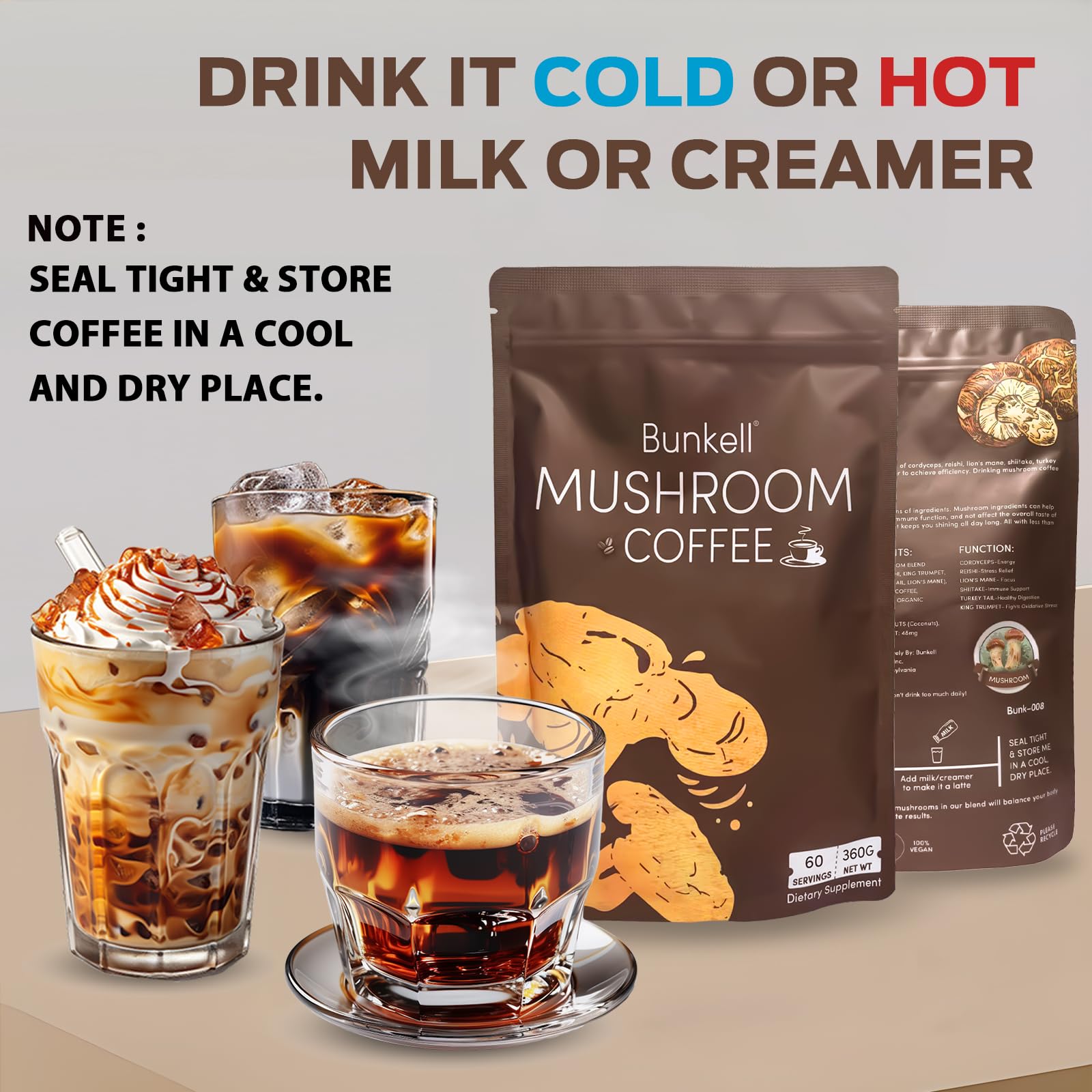 Bunkell Mushroom Coffee shiitake king-trumpet blend showcasing the rich mushroom mix.