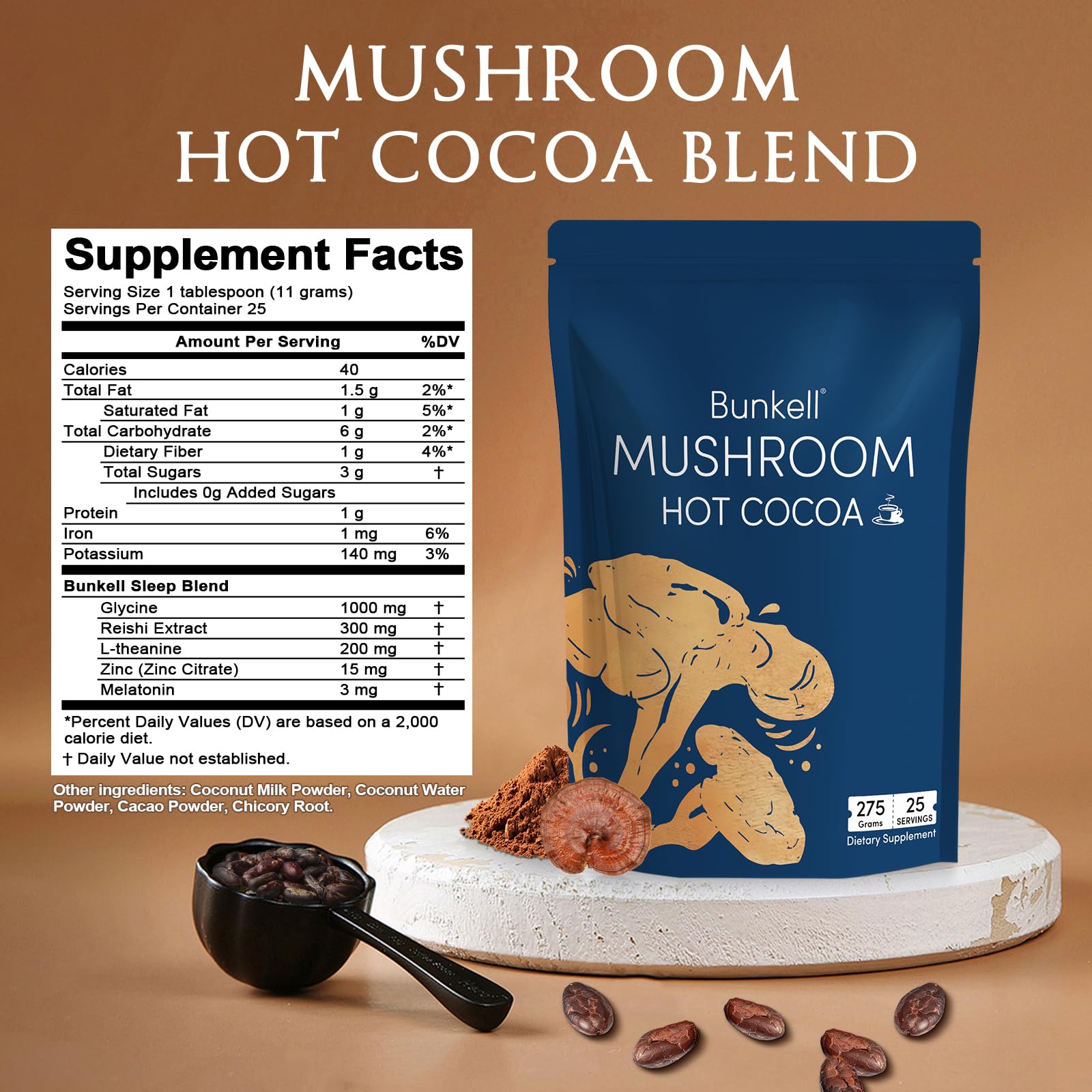 Bunkell Mushroom Hot Cocoa cup steaming for relaxation after a long day
