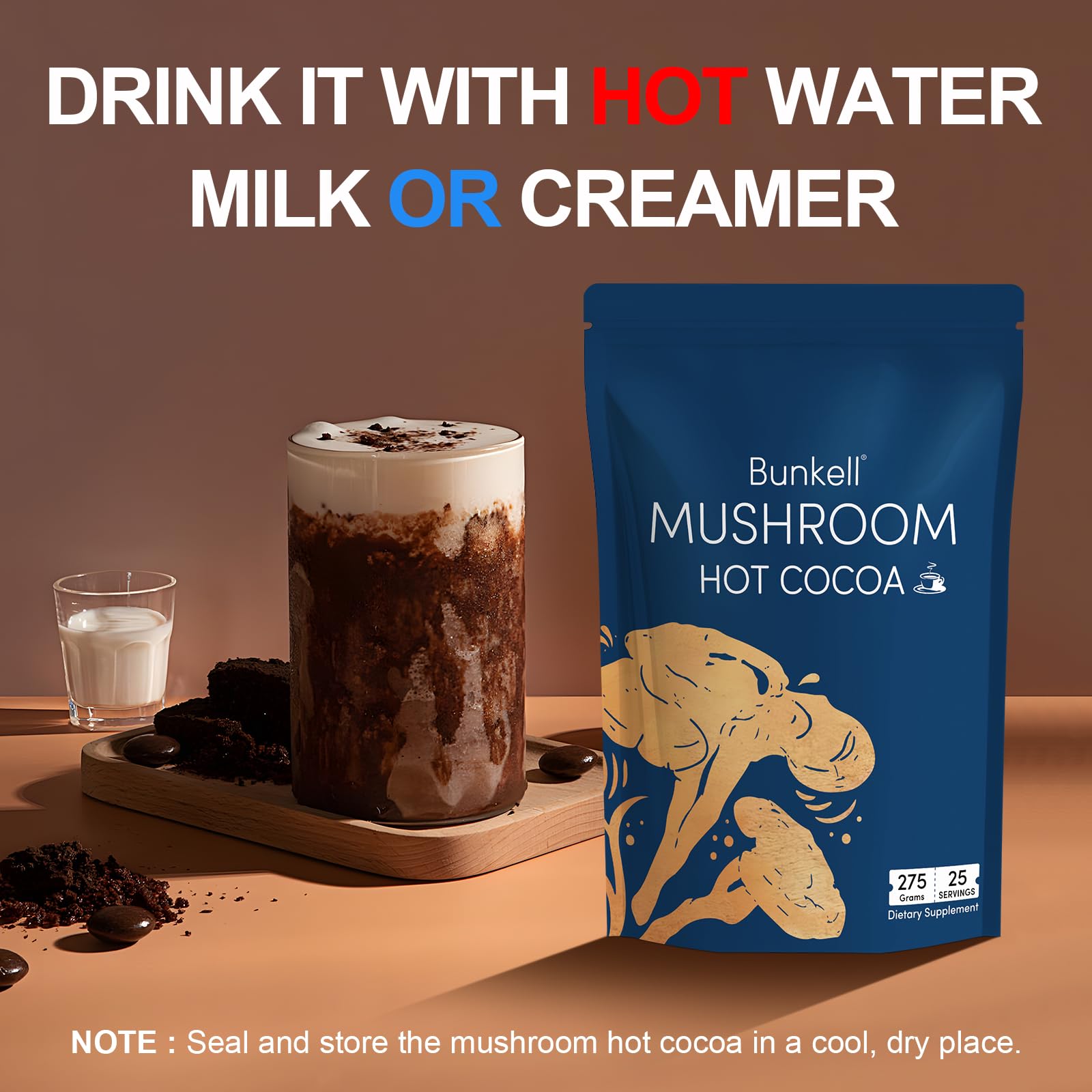 Bunkell Mushroom Hot Cocoa ingredients panel with L-Theanine Melatonin Zinc