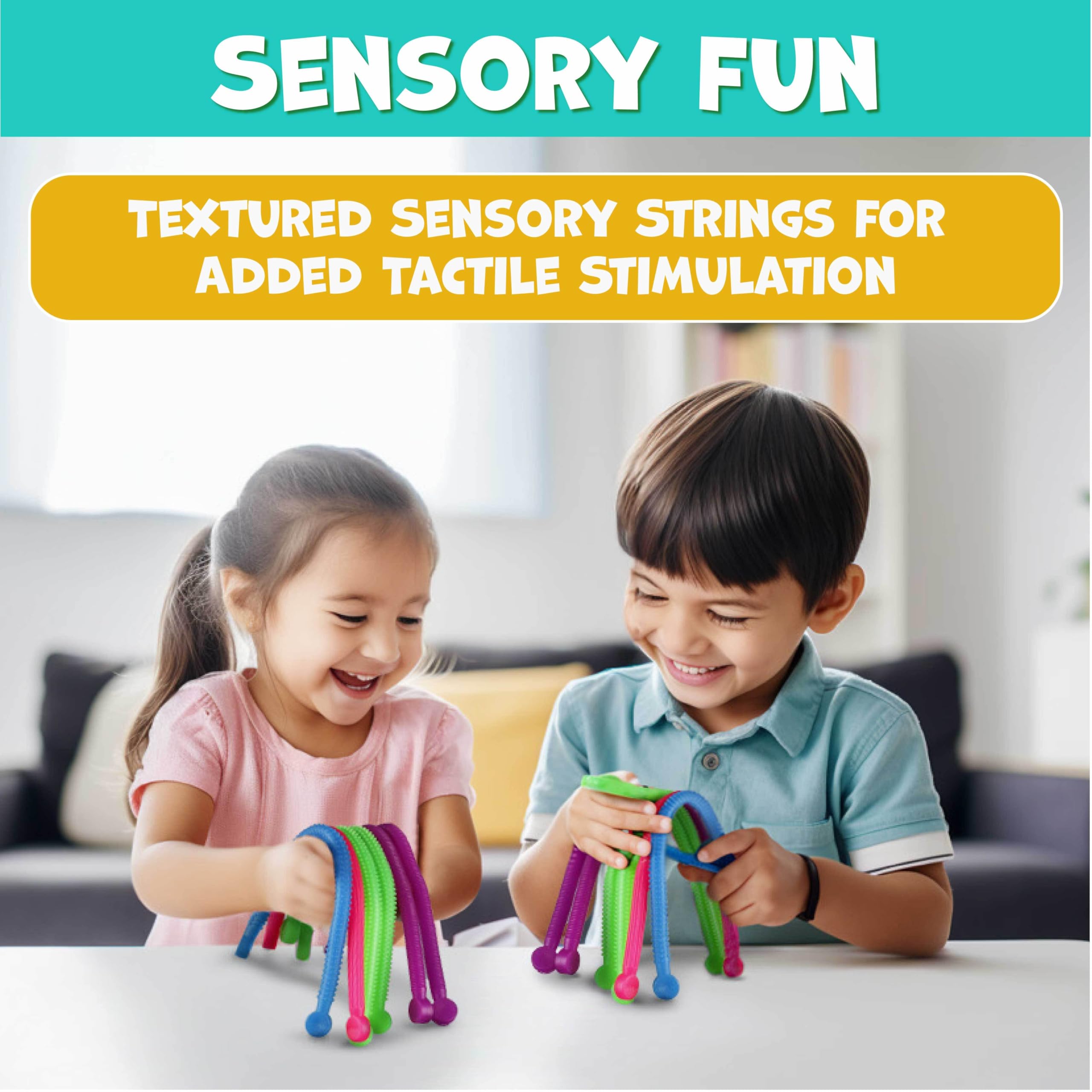 BUNMO bright-colors textured strings encourage imaginative play and tactile discovery.