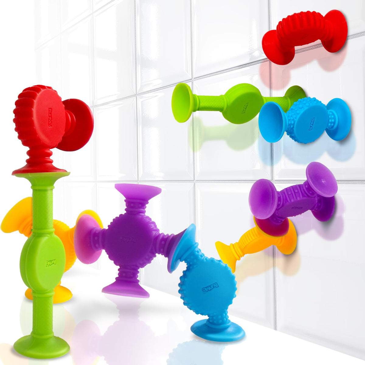 BUNMO Easter bath toy collection on tub surface for imaginative play