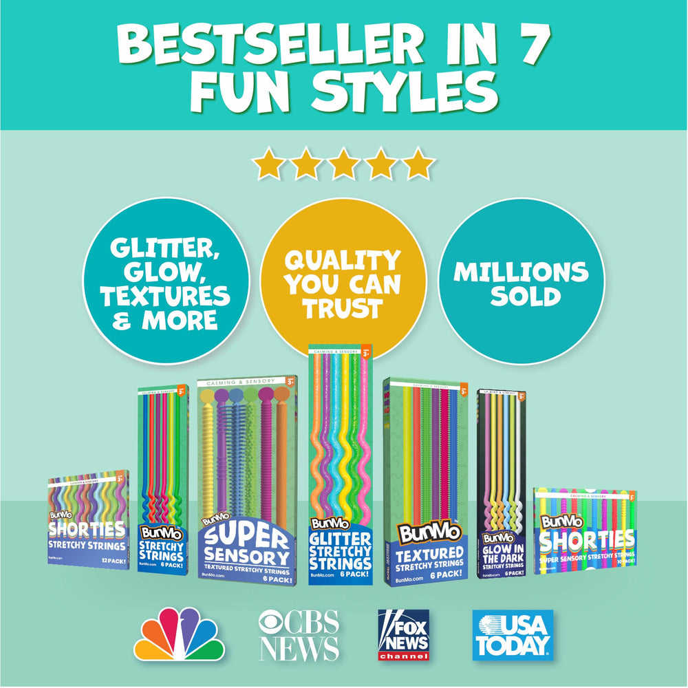 BUNMO glitter stretchy strings rinse clean for easy reuse after messy play.