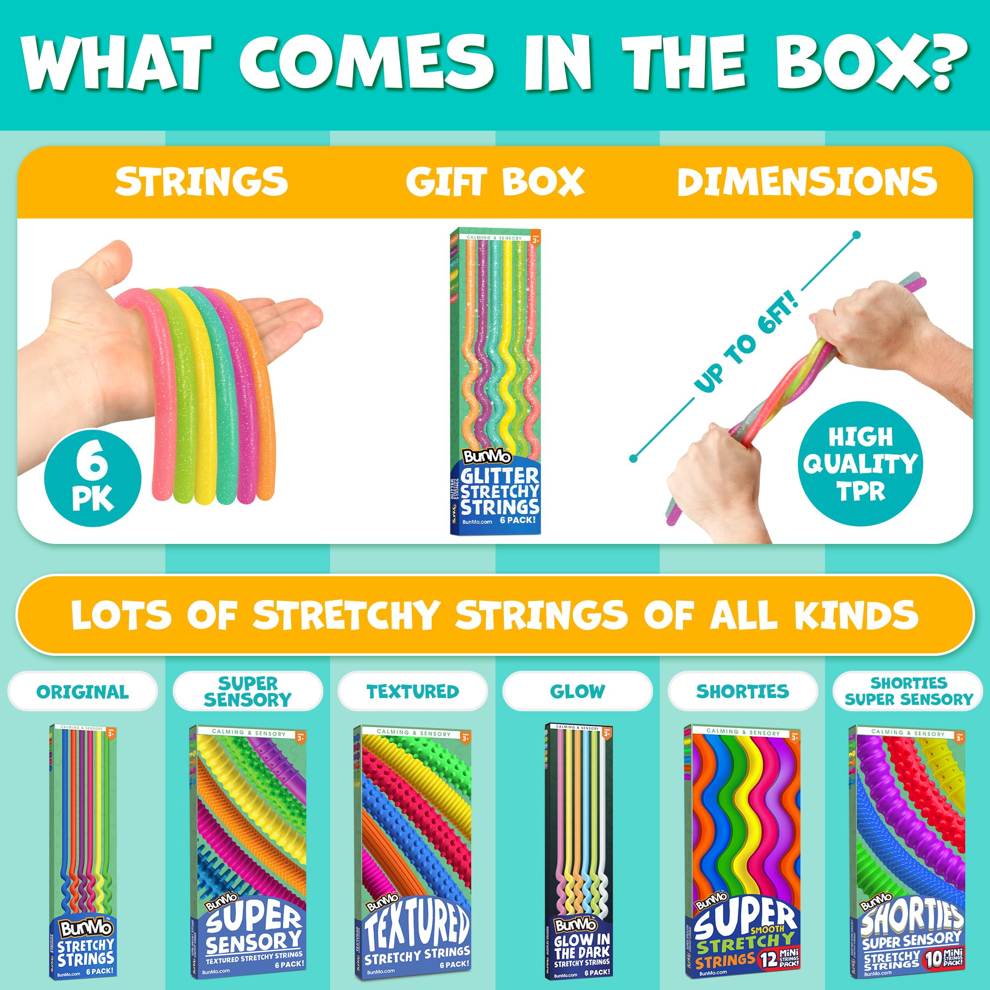 BUNMO glitter stretchy strings kid playing to spark imagination and fine motor skills.