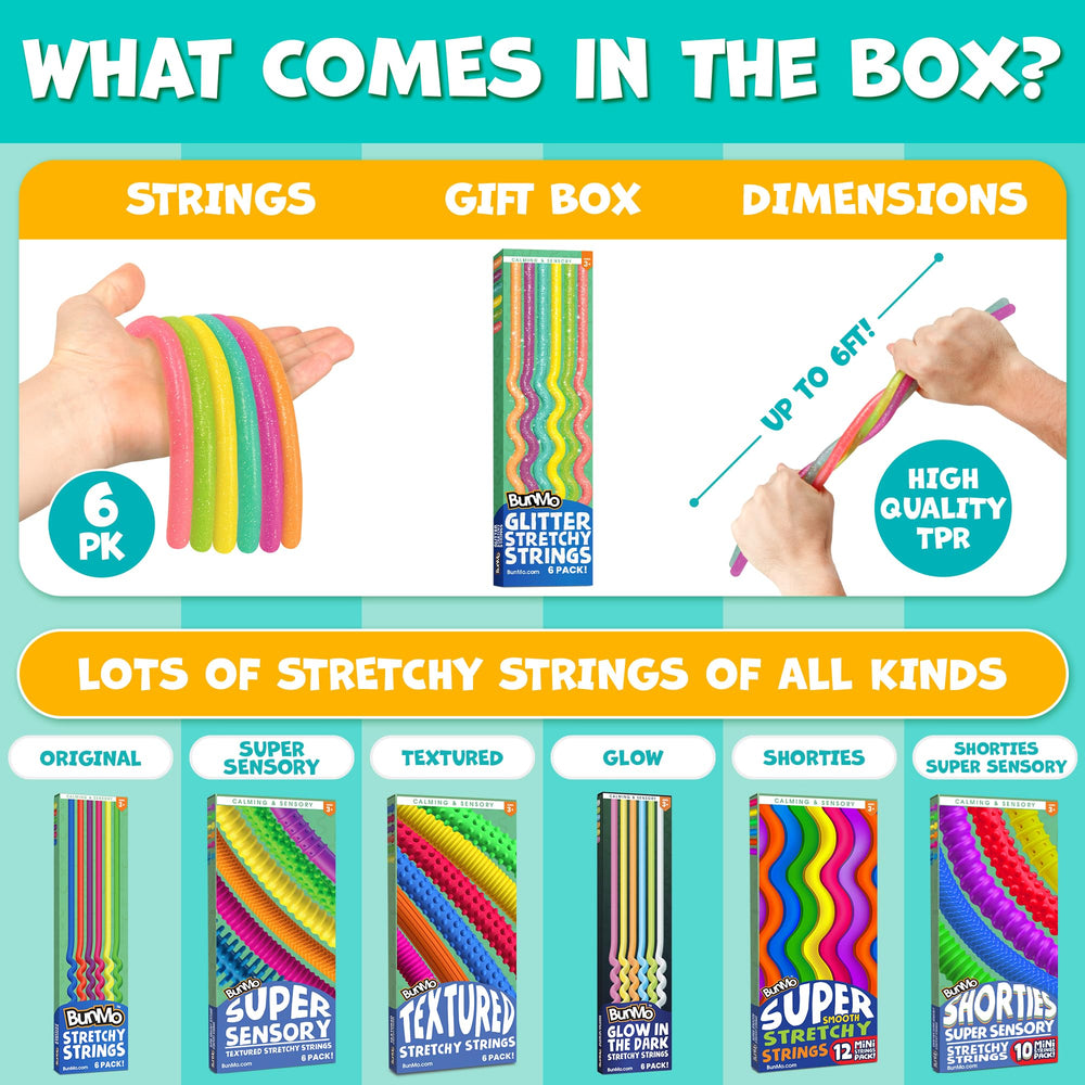 BUNMO glitter stretchy strings kid playing to spark imagination and fine motor skills.