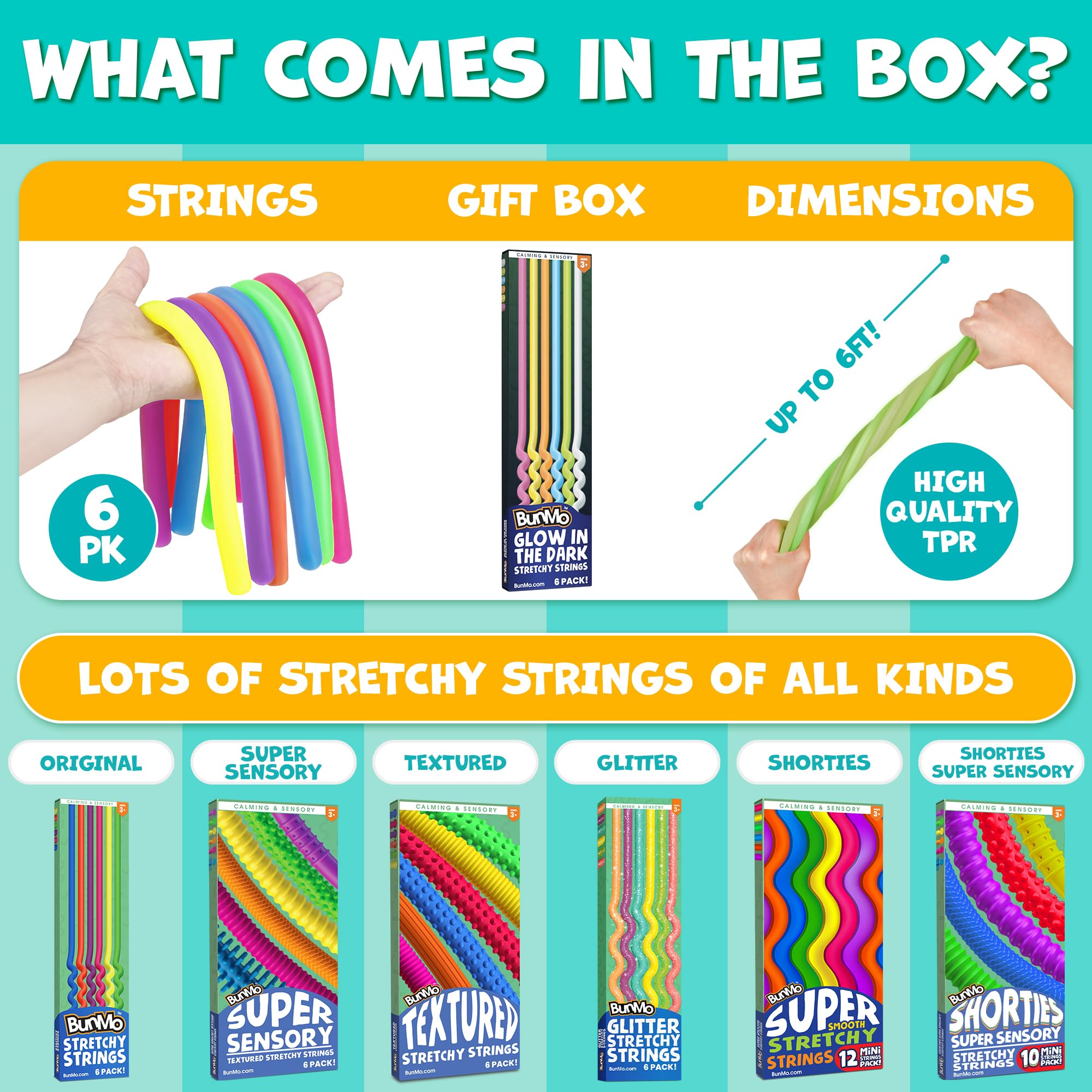 BUNMO Stretchy strings extend over two feet for versatile sensory exploration