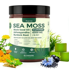 Buporai Sea Moss Gummies bottle showing 60 pieces for daily wellness.