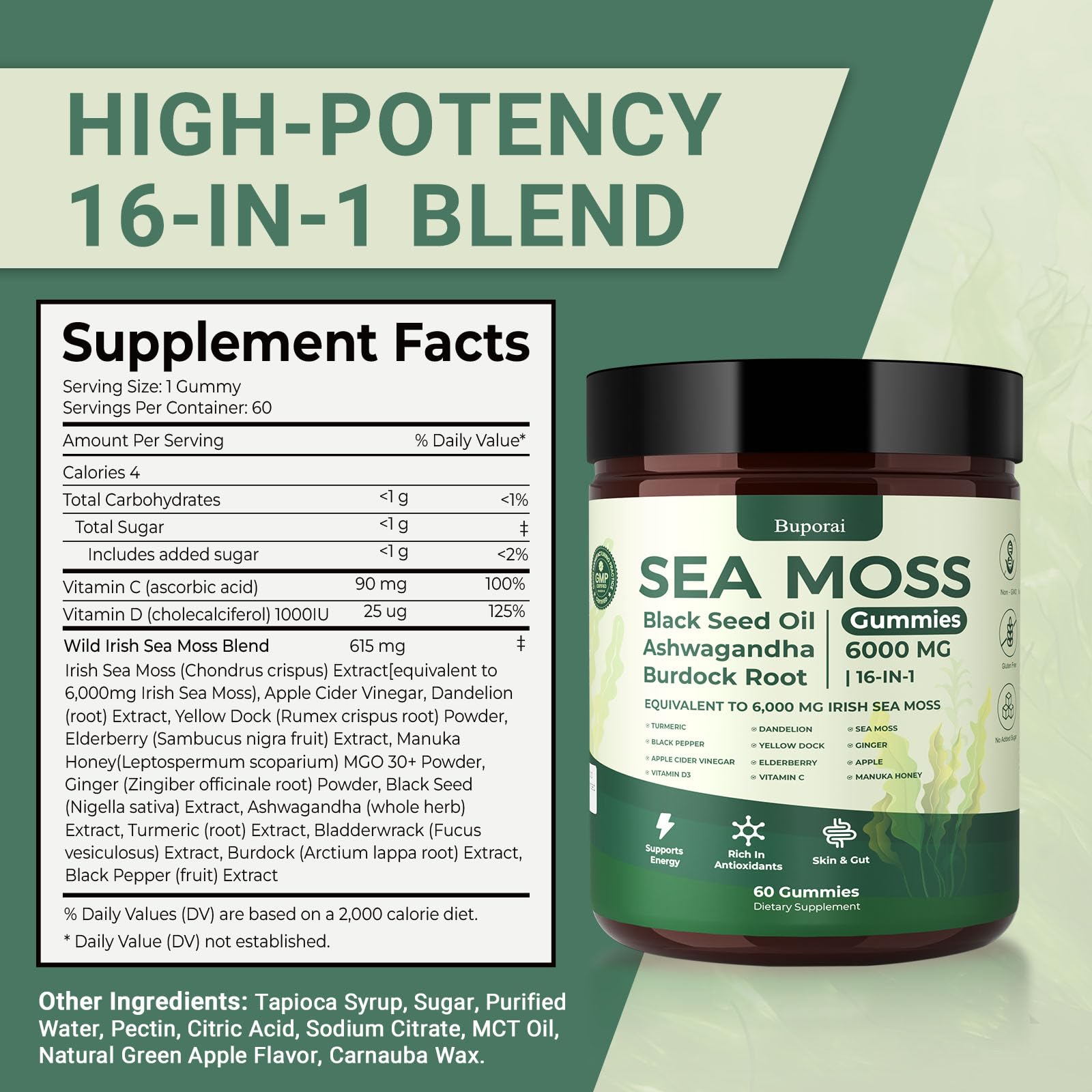 Buporai Sea Moss Gummies close-up texture with fruity flavor.