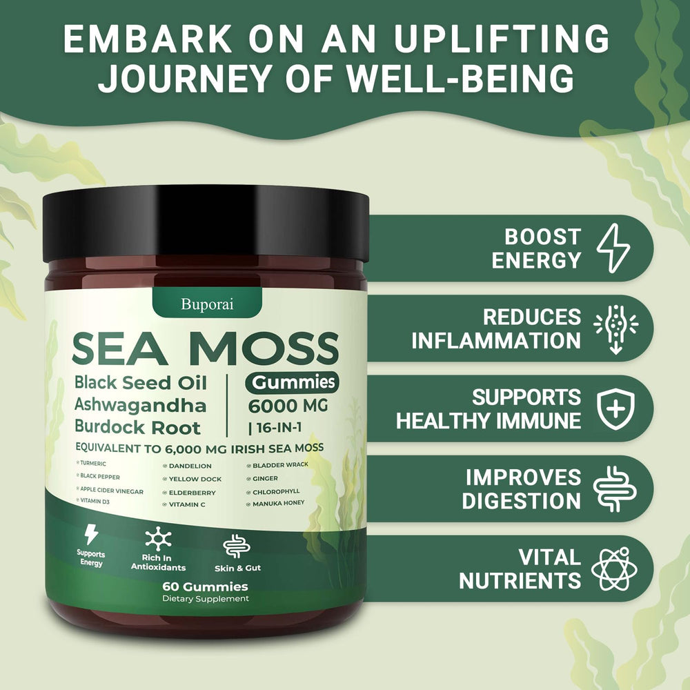 Buporai Sea Moss Gummies ingredients list highlighting 16 botanicals.
