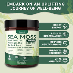 Buporai Sea Moss Gummies ingredients list highlighting 16 botanicals.