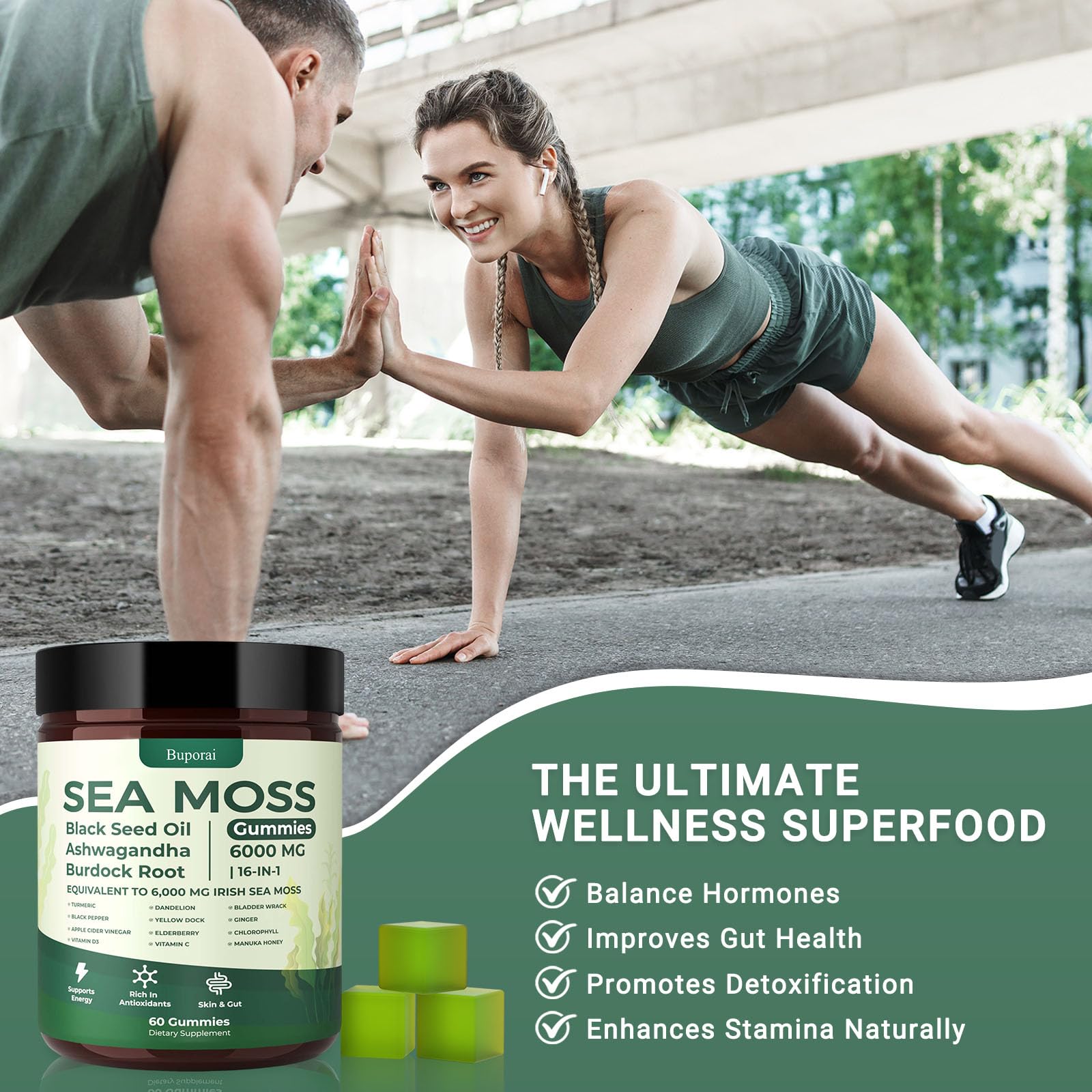 Buporai Sea Moss Gummies label details on packaging.