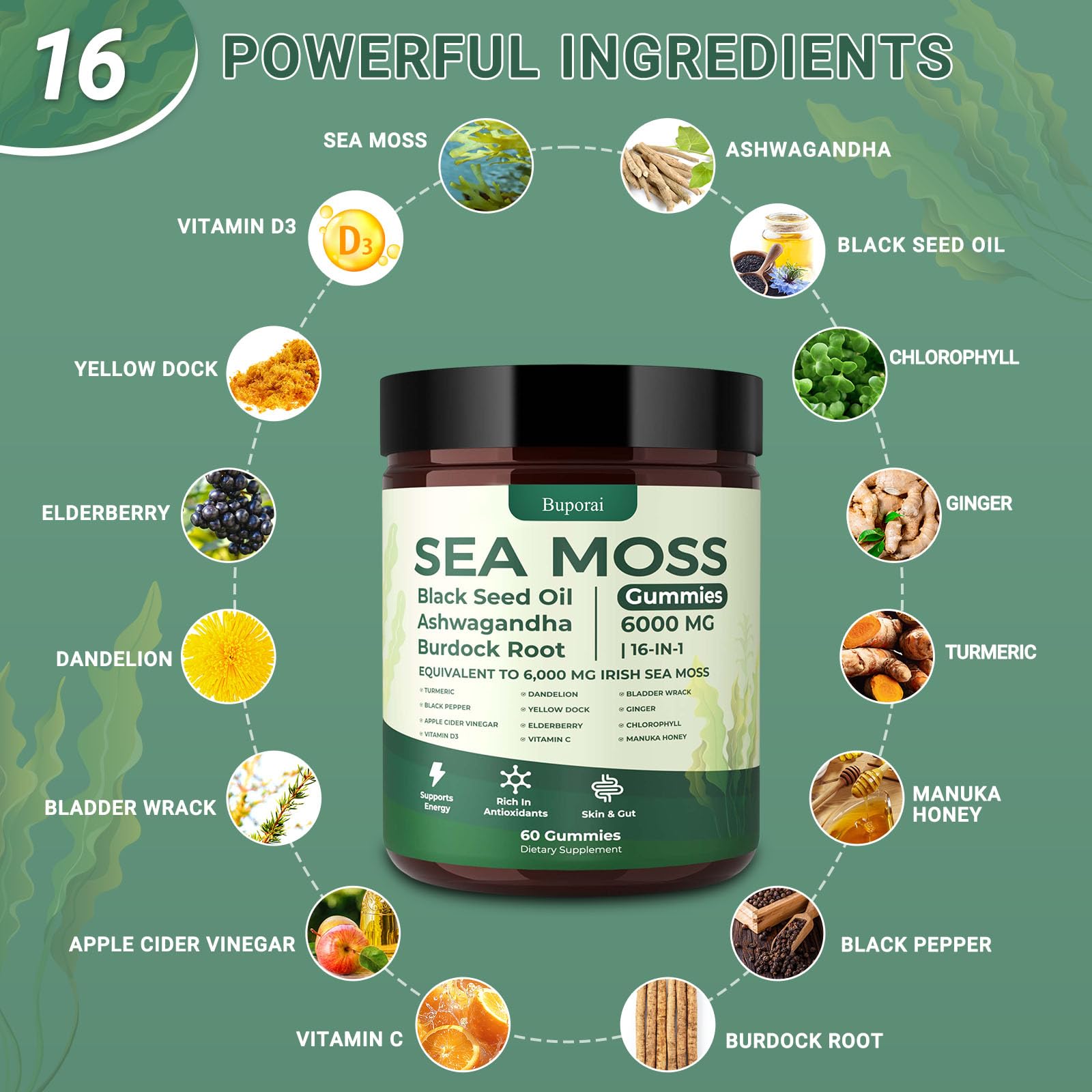 Buporai Sea Moss Gummies being poured for easy daily nutrition.