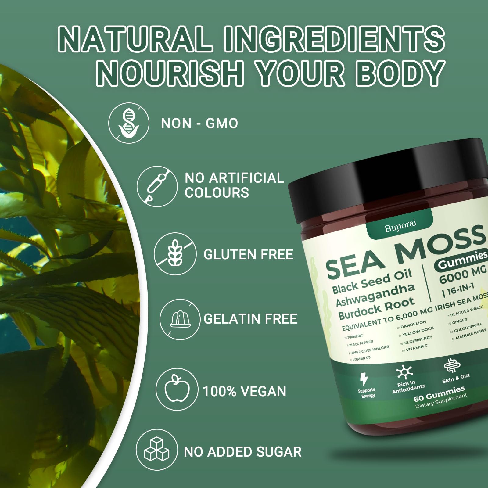 Buporai Sea Moss Gummies serving with glass of water.