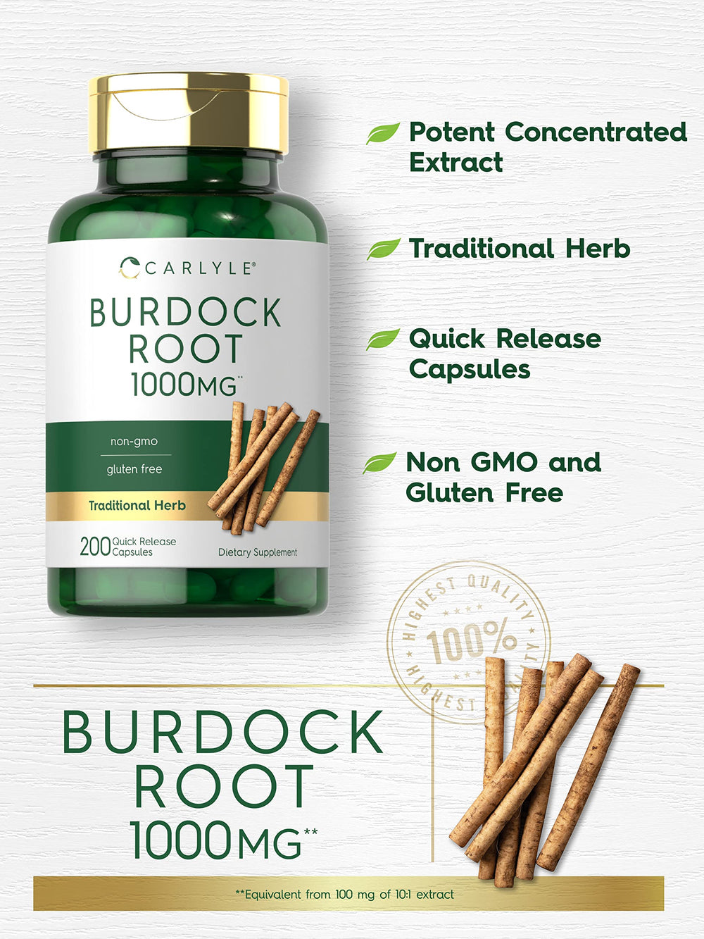 European burdock root imagery emphasizes heritage and natural sourcing.