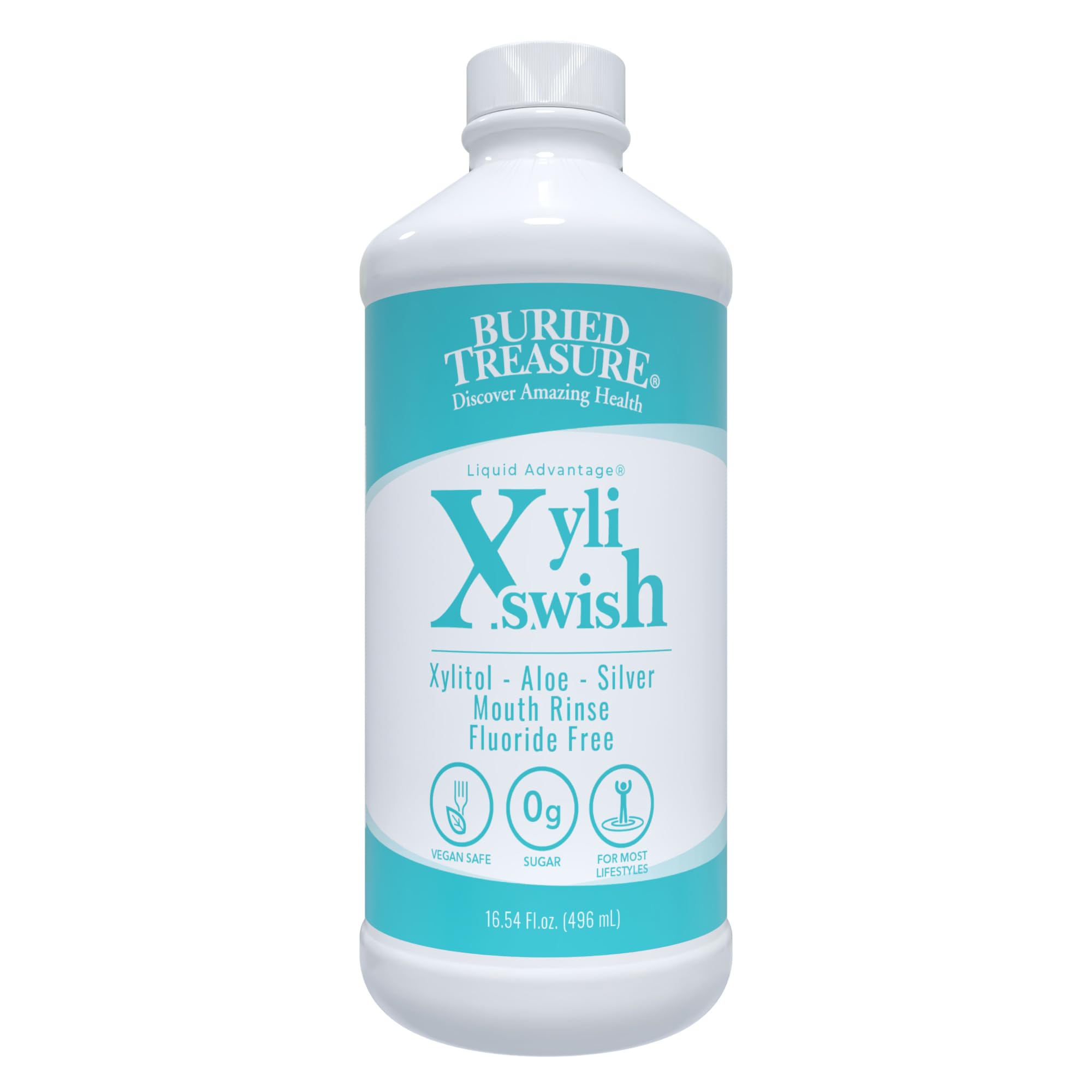 Buried Treasure Xyli Swish bottle showing natural peppermint mouthwash for daily freshness