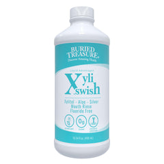 Buried Treasure Xyli Swish bottle showing natural peppermint mouthwash for daily freshness