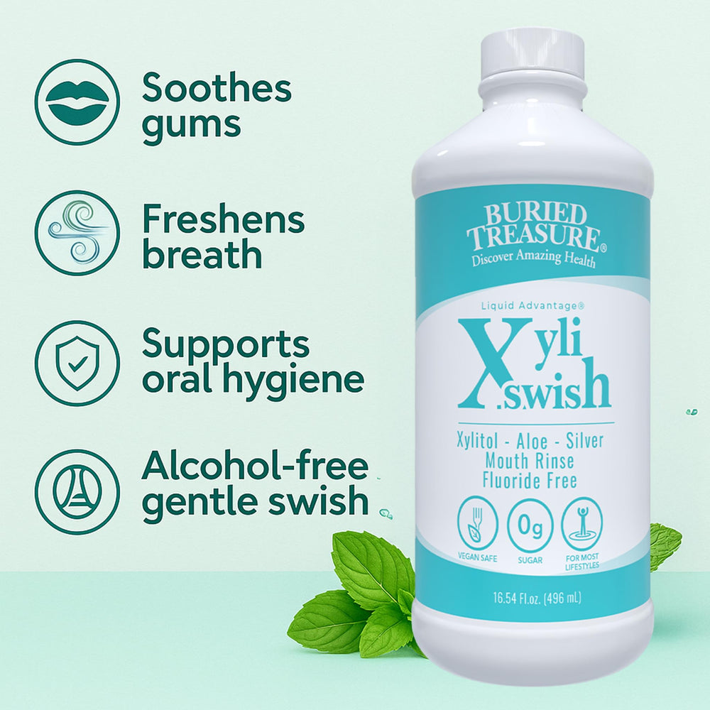 Buried Treasure Xyli Swish mouth application image highlighting gentle rinse use