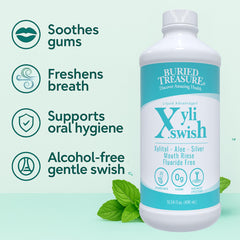 Buried Treasure Xyli Swish mouth application image highlighting gentle rinse use