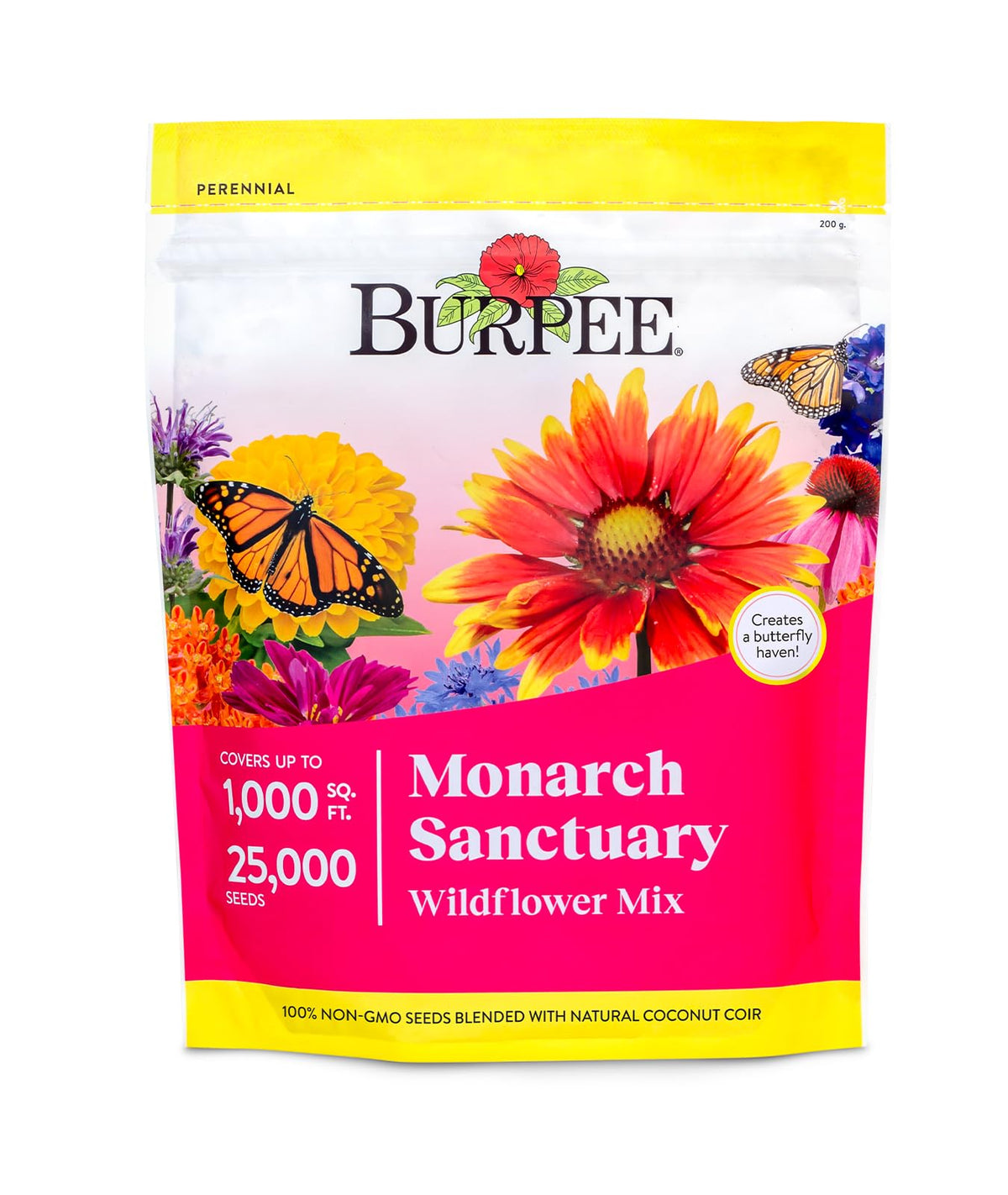 Burpee Monarch Sanctuary seeds pack ready for sunny soil, inviting pollinator-friendly blooms.