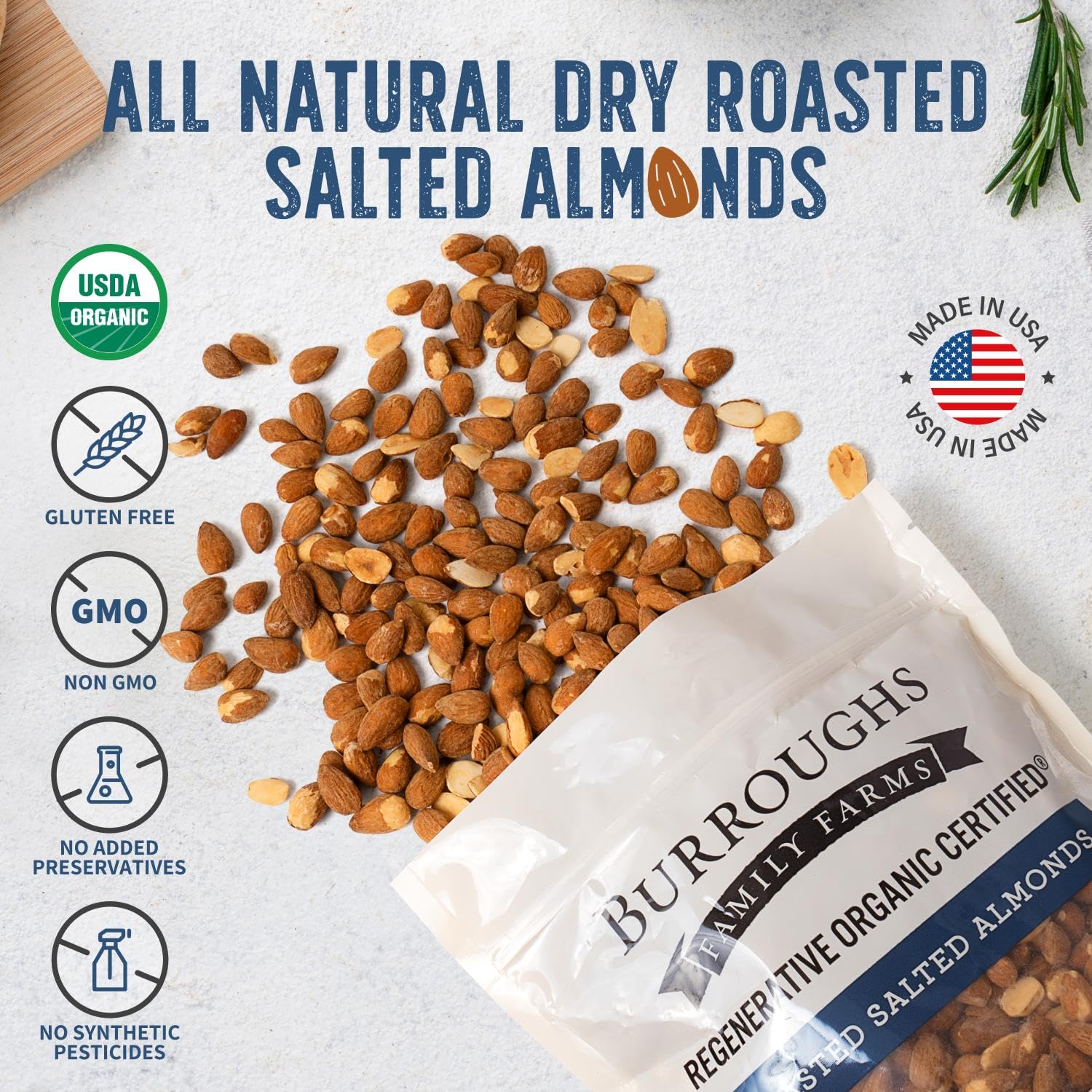 Burroughs Family Farms almond bag in hand — travel-friendly, nutrient-dense snack.