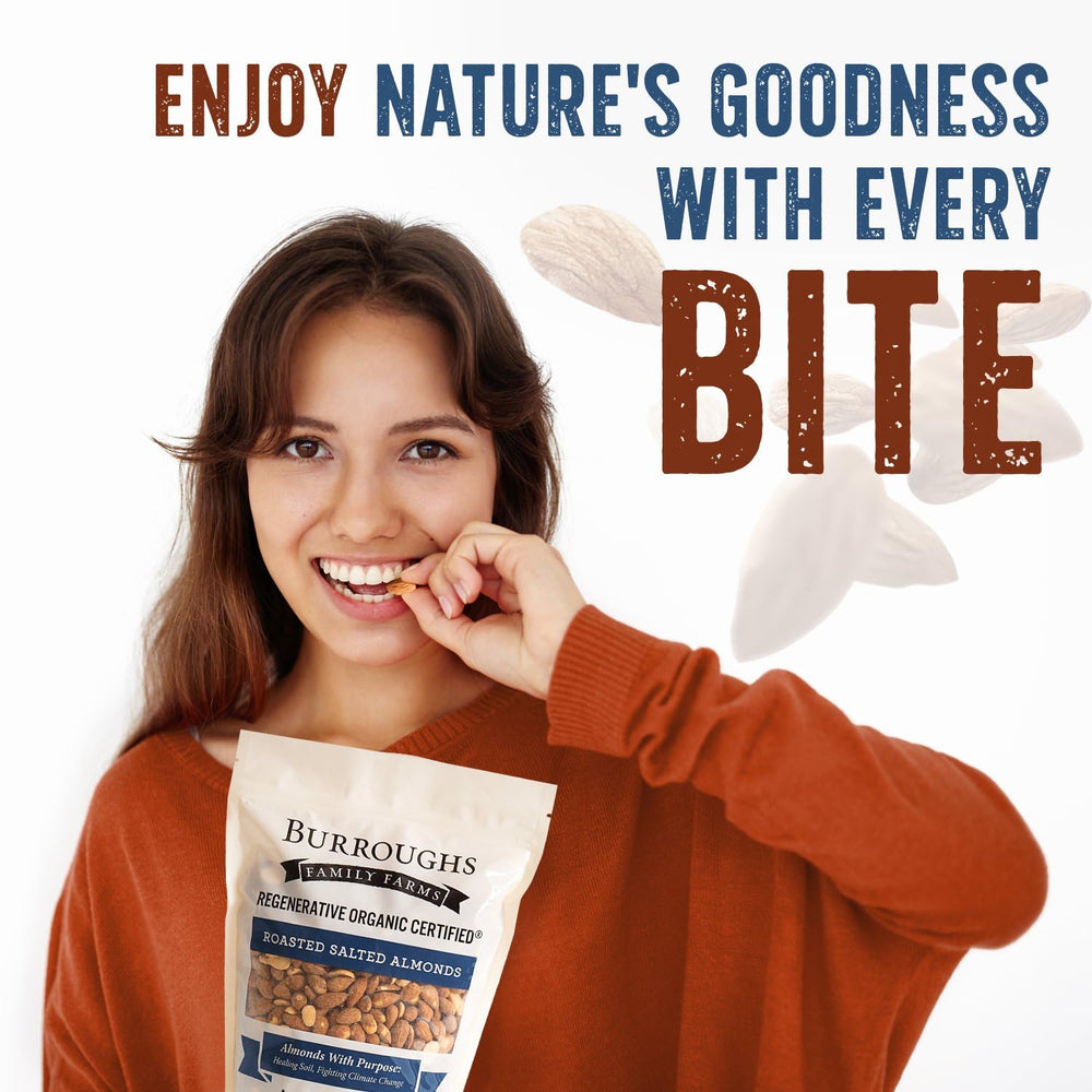 Burroughs Family Farms almonds nutrition visual — high in antioxidants and B vitamins.