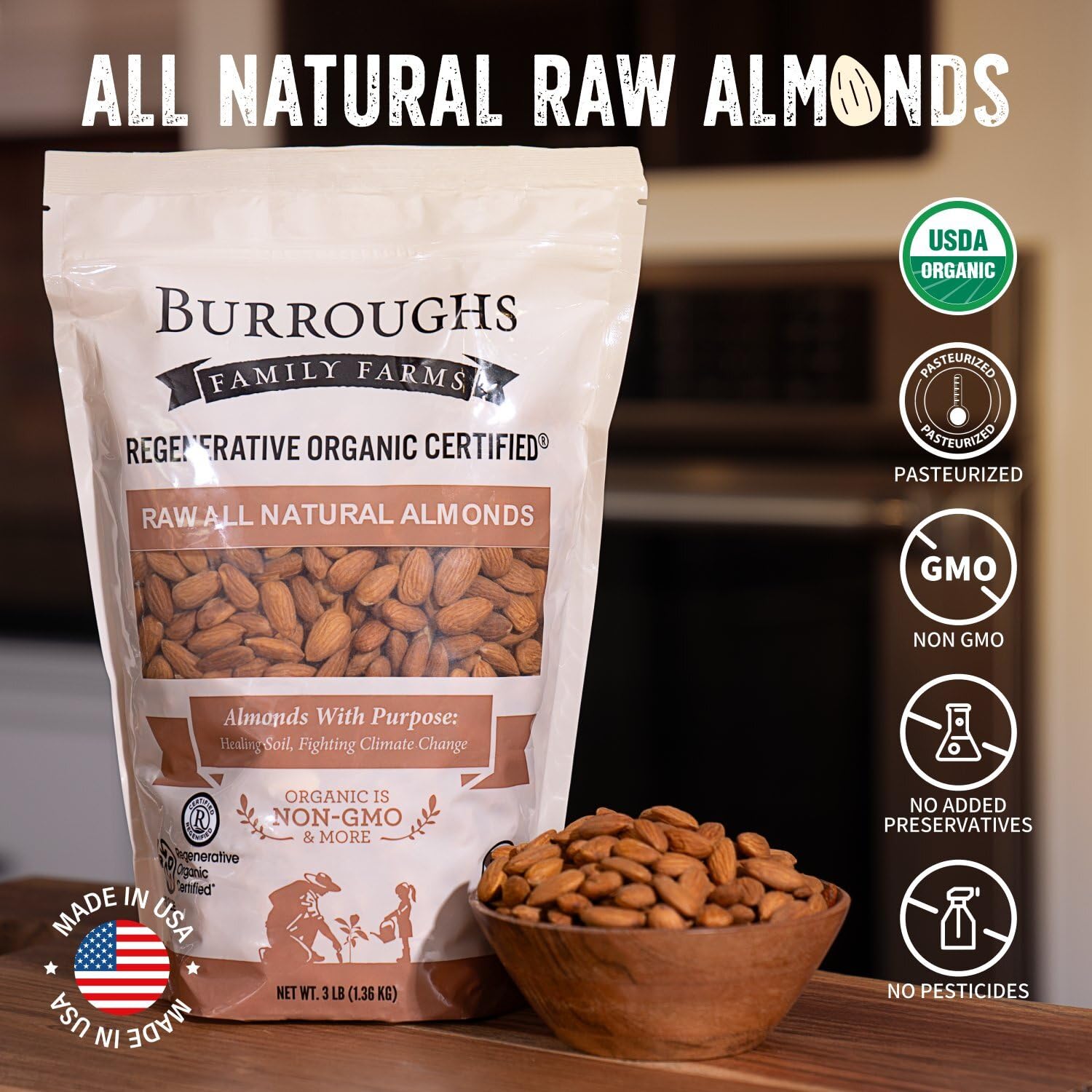 Burroughs Family Farms handful of almonds demonstrates portable energy for busy days.