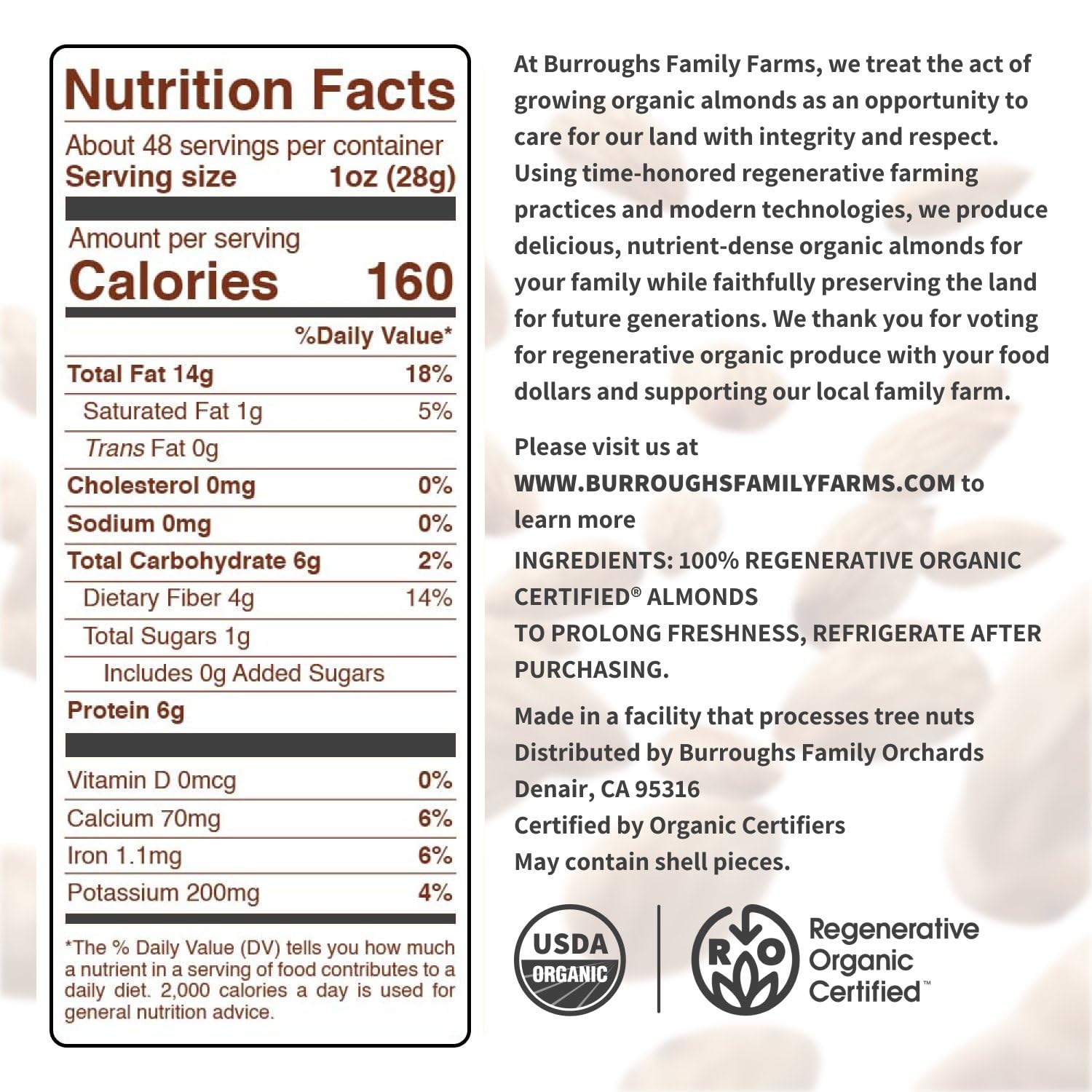 Burroughs Family Farms almond kernels close-up reveal natural texture and premium quality.