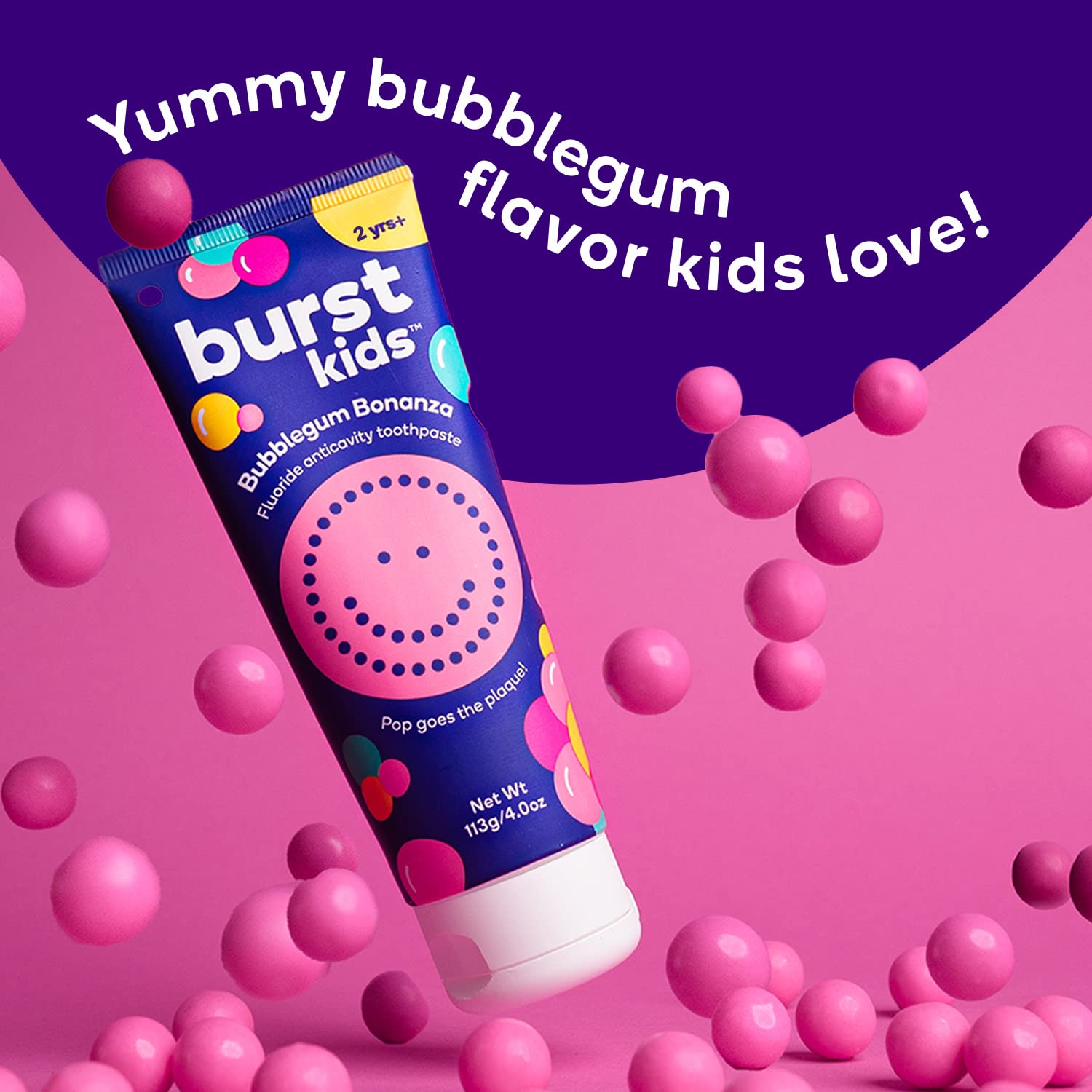 Burst Bubblegum Bonanza toothpaste tube back shows safe brushing directions.